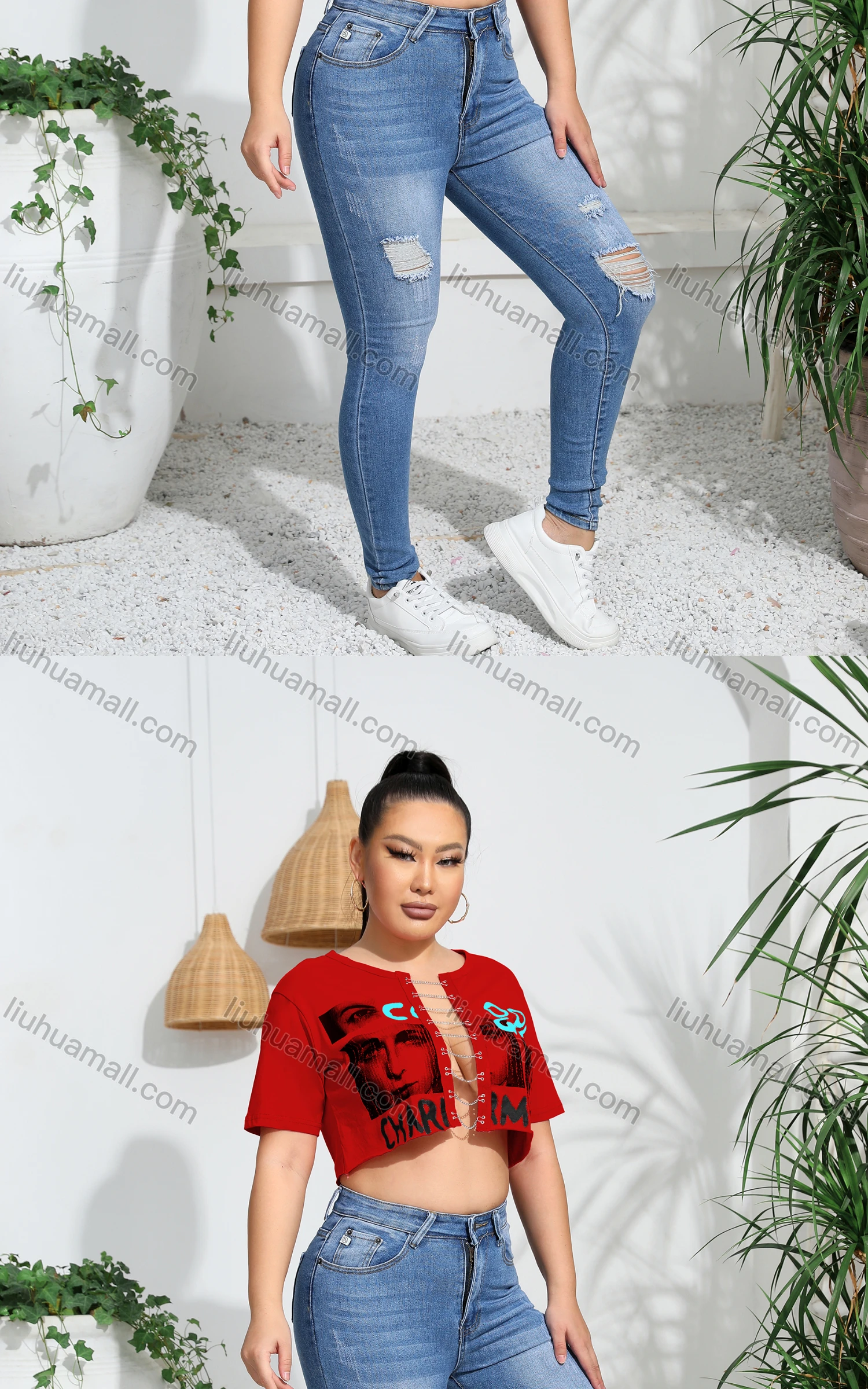 Wholesale Women's Sexy Letter Short Sleeve Graphic Chain Closure Crop Top - Liuhuamall