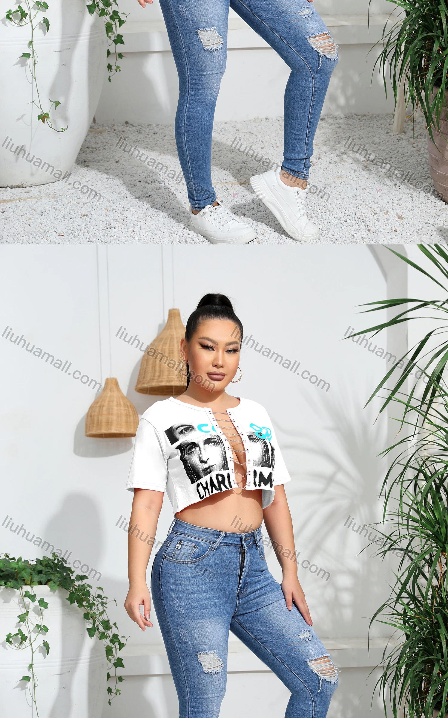 Wholesale Women's Sexy Letter Short Sleeve Graphic Chain Closure Crop Top - Liuhuamall