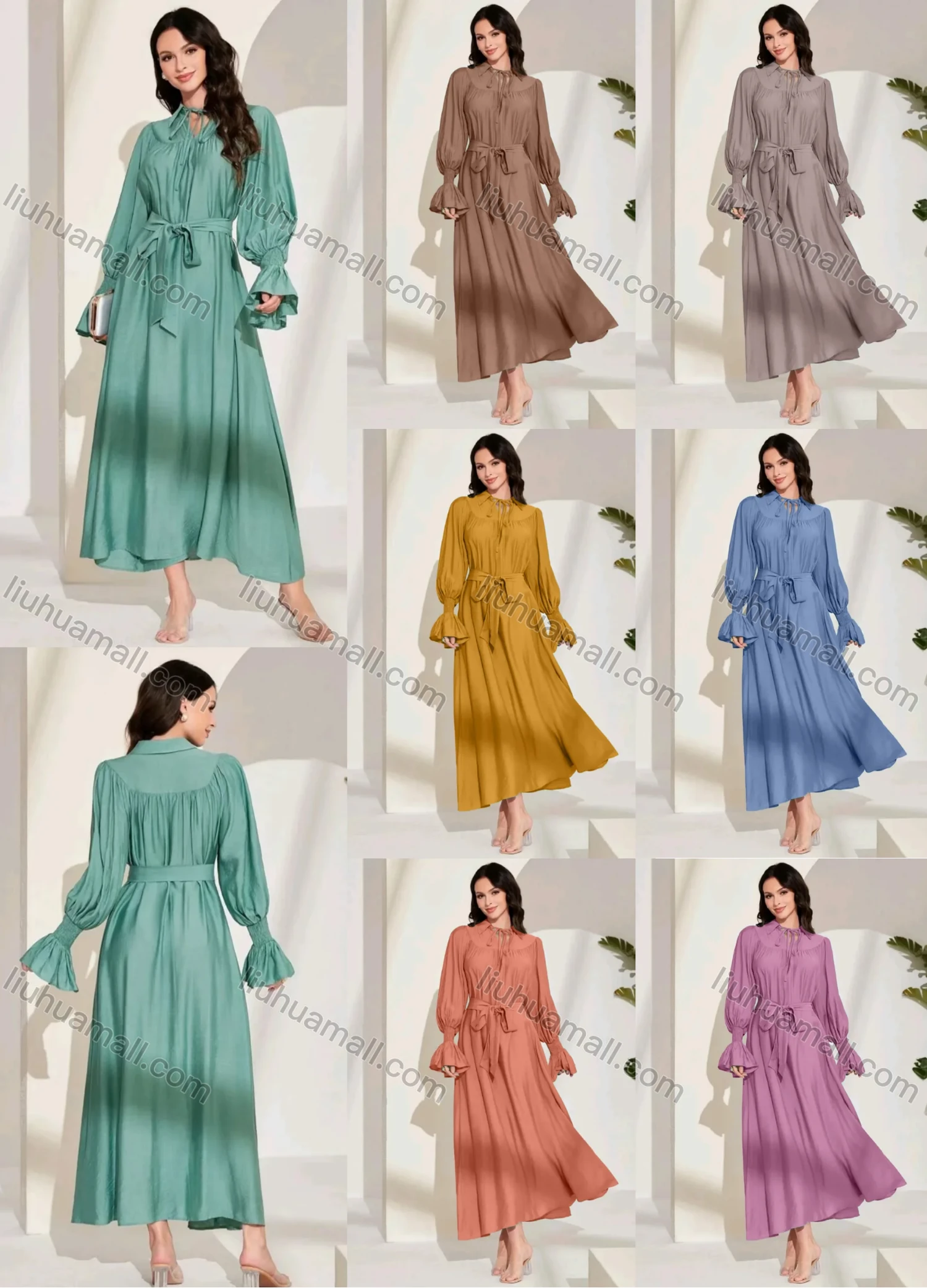 Wholesale Women's Fashion Plain Tie Neck Ruched Bishop Sleeve Ruffle Hem Maxi Dress With Belt - Liuhuamall
