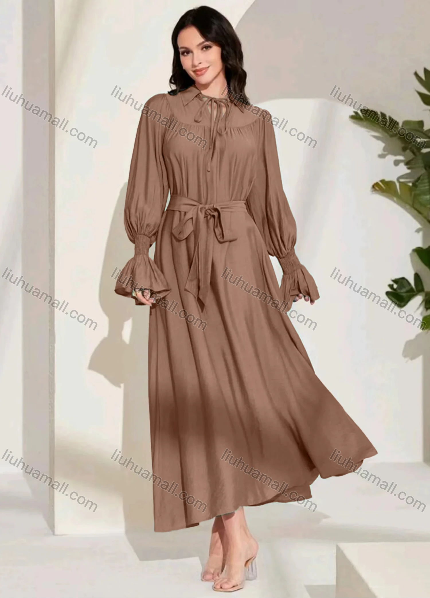 Wholesale Women's Fashion Plain Tie Neck Ruched Bishop Sleeve Ruffle Hem Maxi Dress With Belt - Liuhuamall