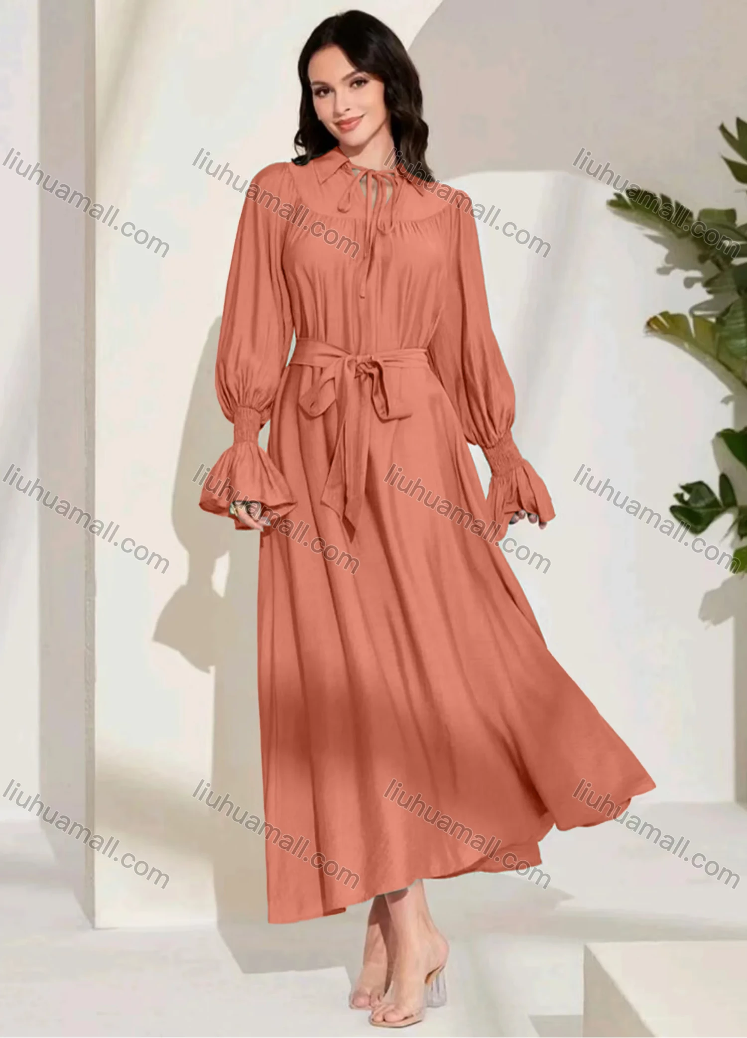 Wholesale Women's Fashion Plain Tie Neck Ruched Bishop Sleeve Ruffle Hem Maxi Dress With Belt - Liuhuamall