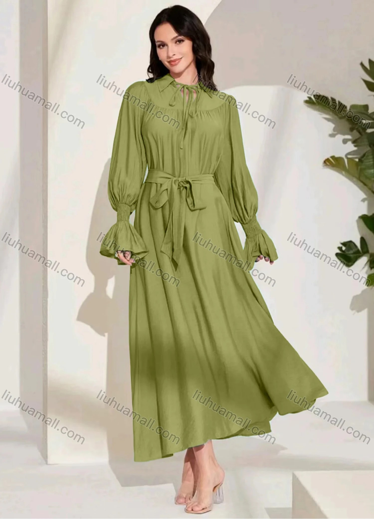 Wholesale Women's Fashion Plain Tie Neck Ruched Bishop Sleeve Ruffle Hem Maxi Dress With Belt - Liuhuamall