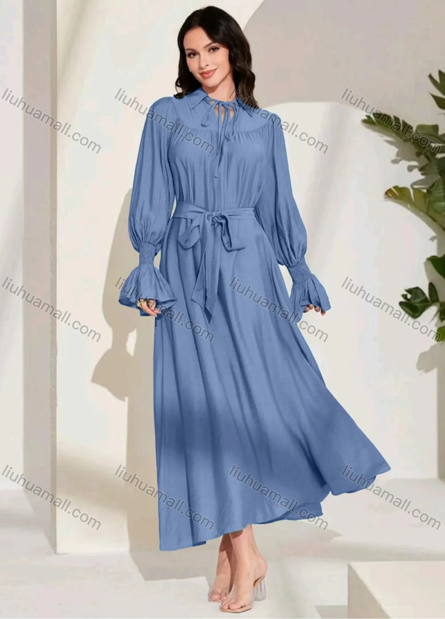 Wholesale Women's Fashion Plain Tie Neck Ruched Bishop Sleeve Ruffle Hem Maxi Dress With Belt - Liuhuamall