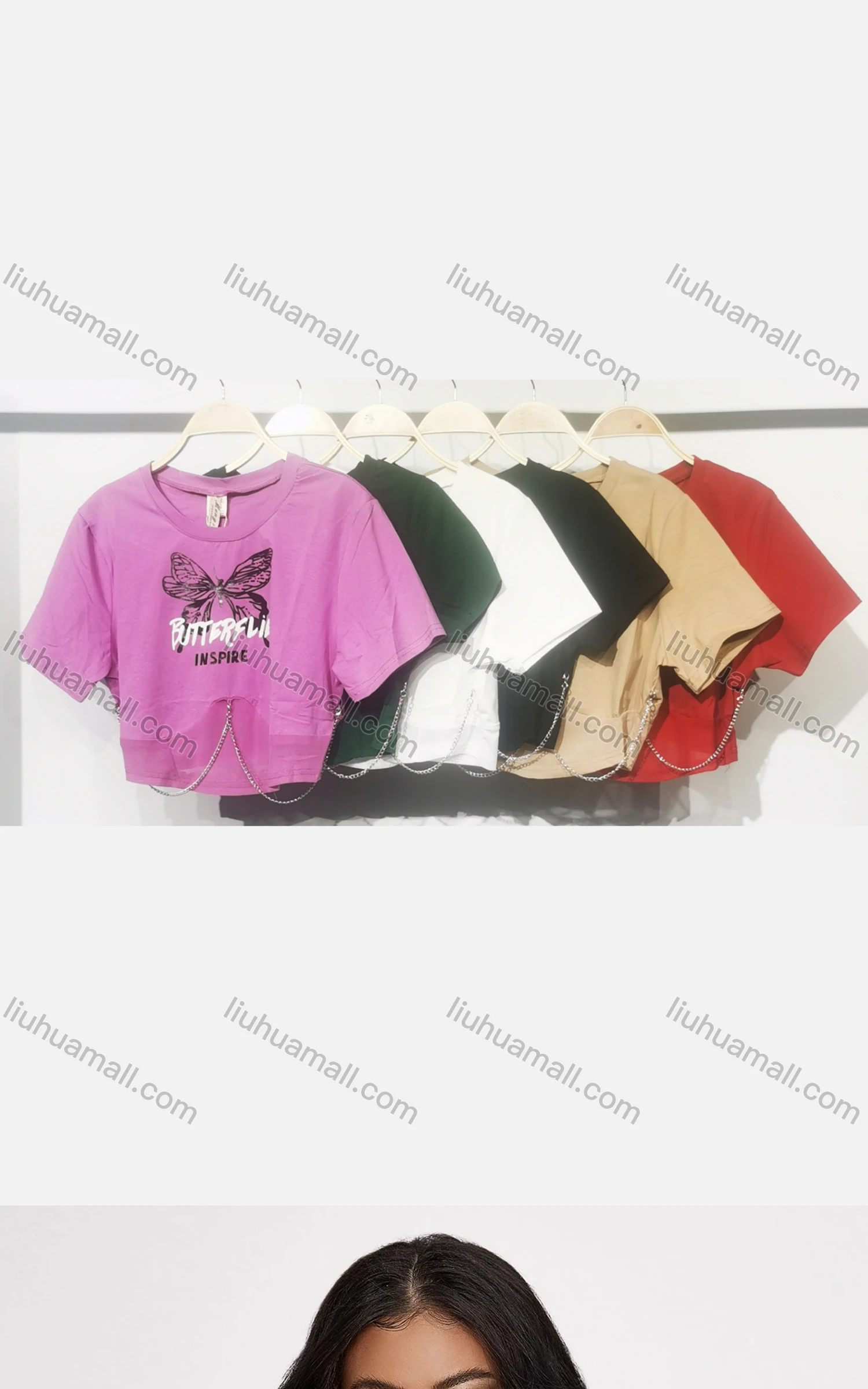 Wholesale Women's Casual Crew Neck Short Sleeve Chain Decro Crop Top - Liuhuamall