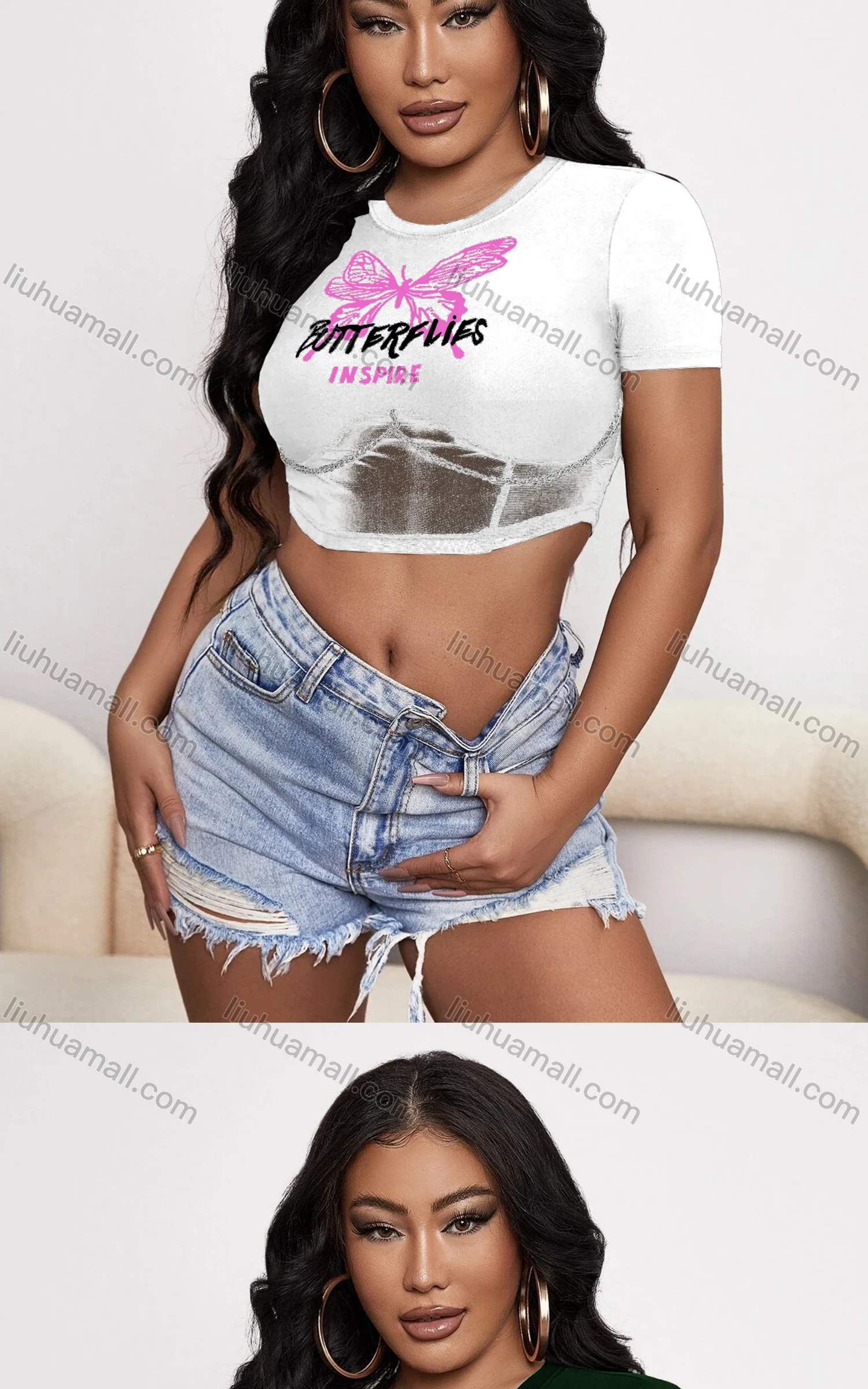 Wholesale Women's Casual Crew Neck Short Sleeve Chain Decro Crop Top - Liuhuamall