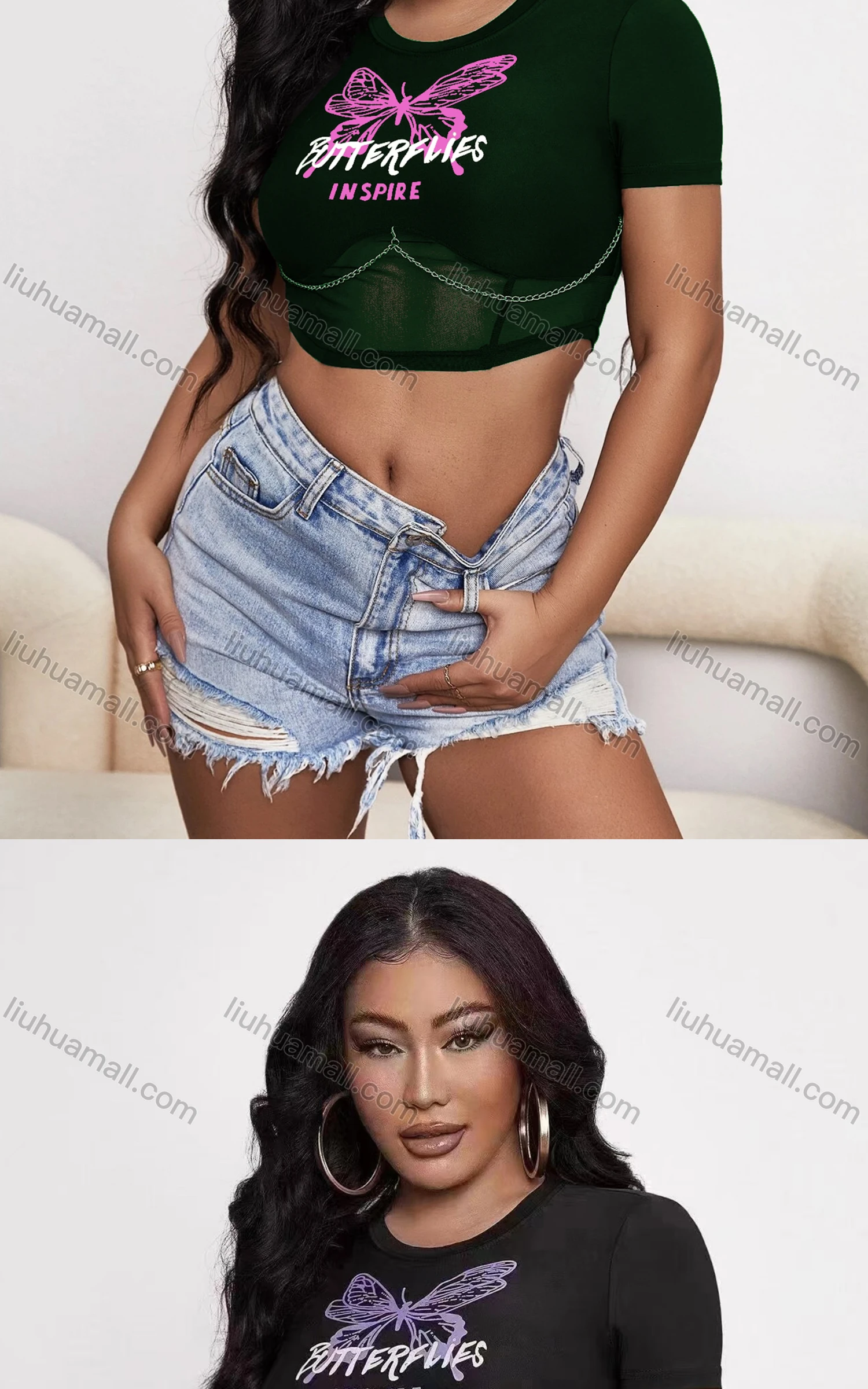 Wholesale Women's Casual Crew Neck Short Sleeve Chain Decro Crop Top - Liuhuamall