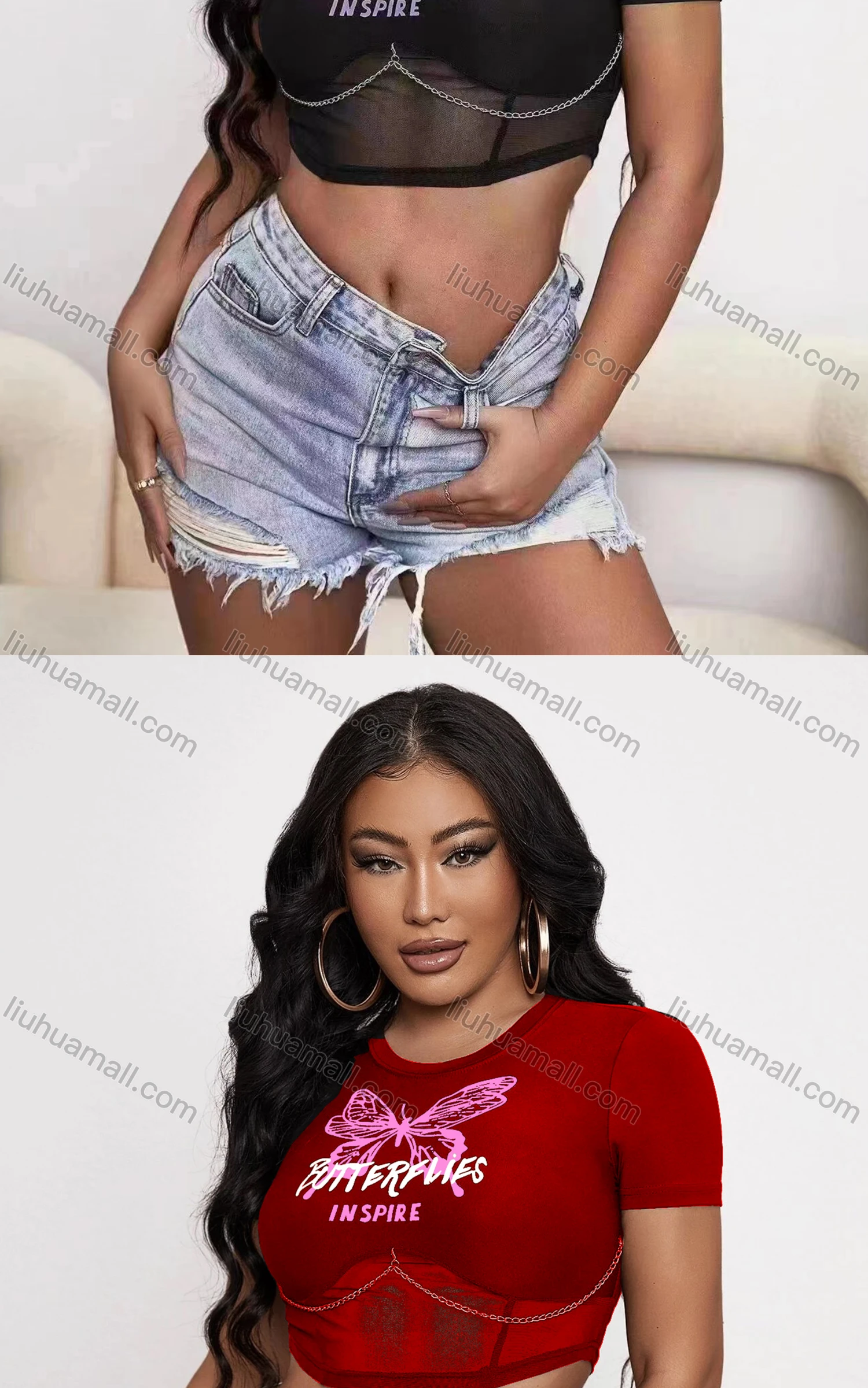 Wholesale Women's Casual Crew Neck Short Sleeve Chain Decro Crop Top - Liuhuamall