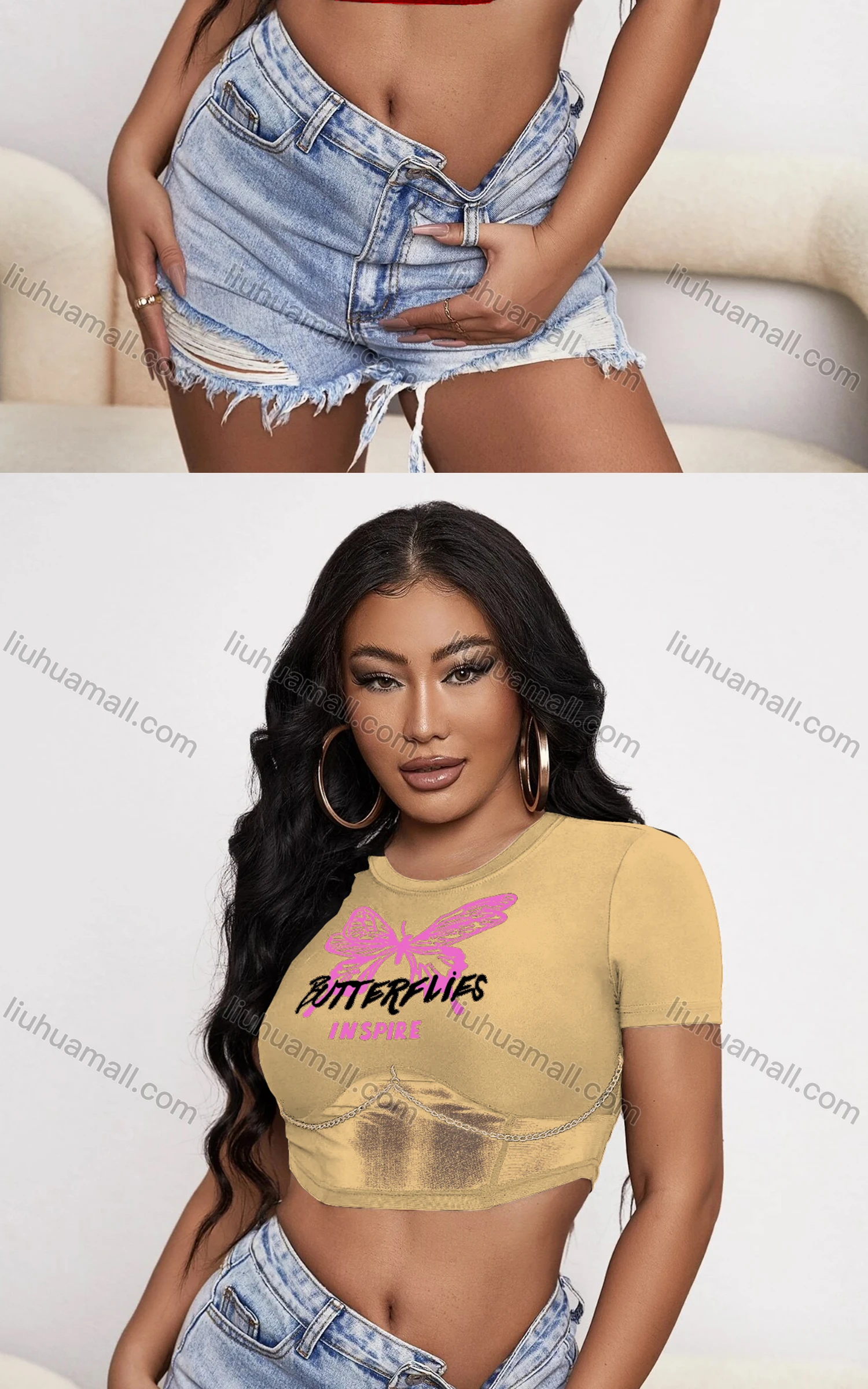 Wholesale Women's Casual Crew Neck Short Sleeve Chain Decro Crop Top - Liuhuamall