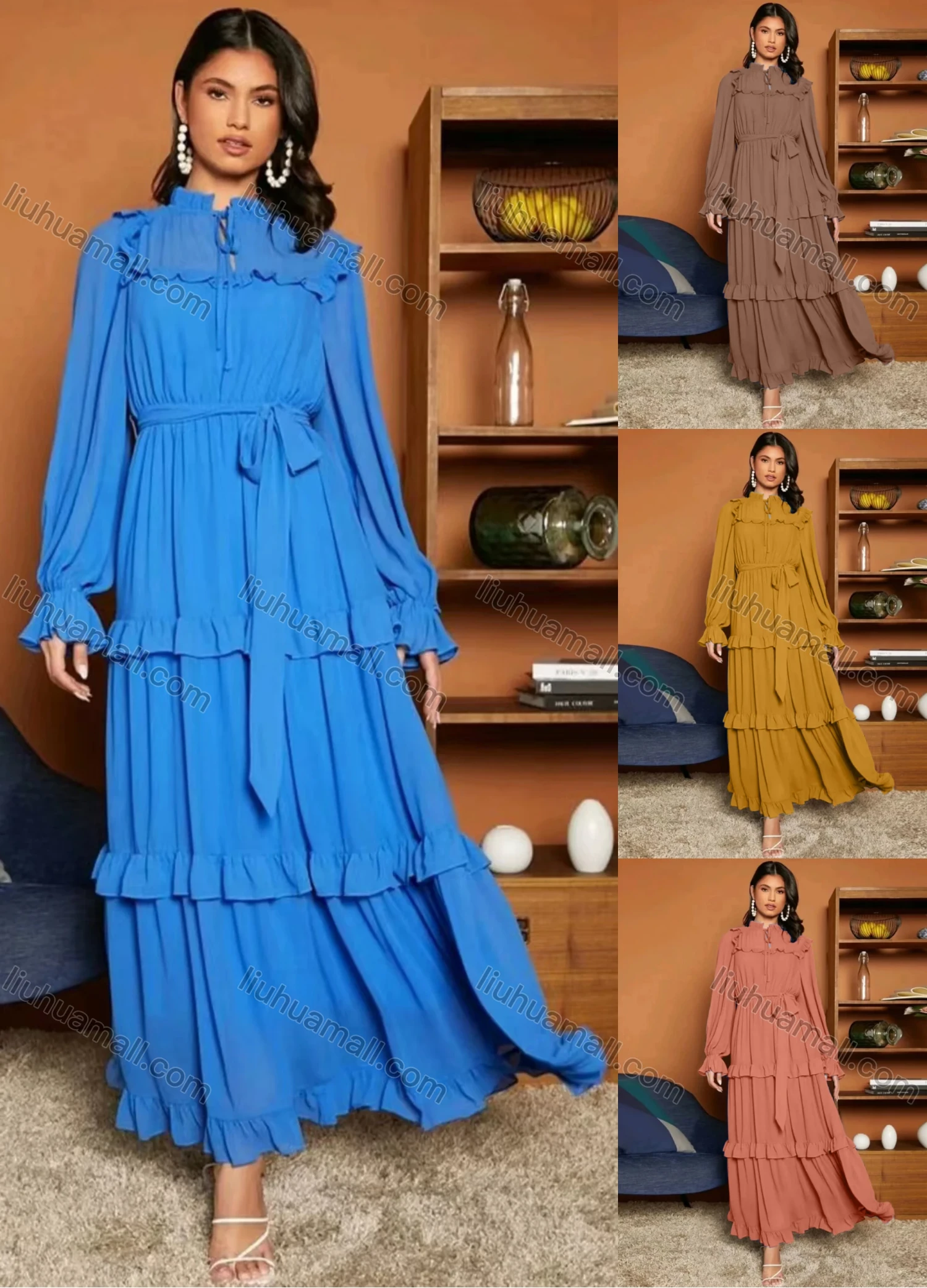 Wholesale Women's Casual Plain Tie Neck Ruffle Trim Long Sleeve Layered Ruffle Hem Maxi Dress With Belt - Liuhuamall