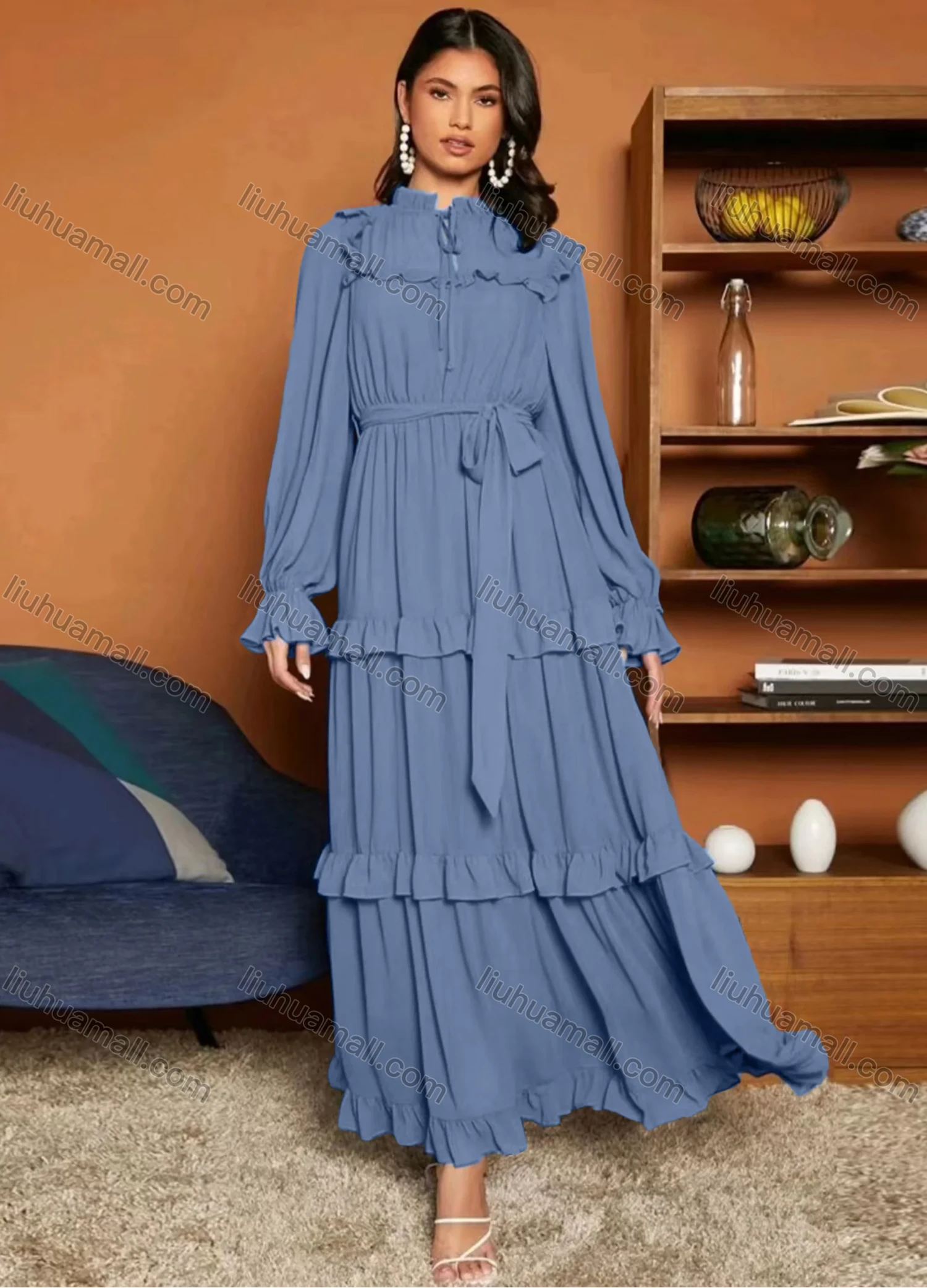 Wholesale Women's Casual Plain Tie Neck Ruffle Trim Long Sleeve Layered Ruffle Hem Maxi Dress With Belt - Liuhuamall
