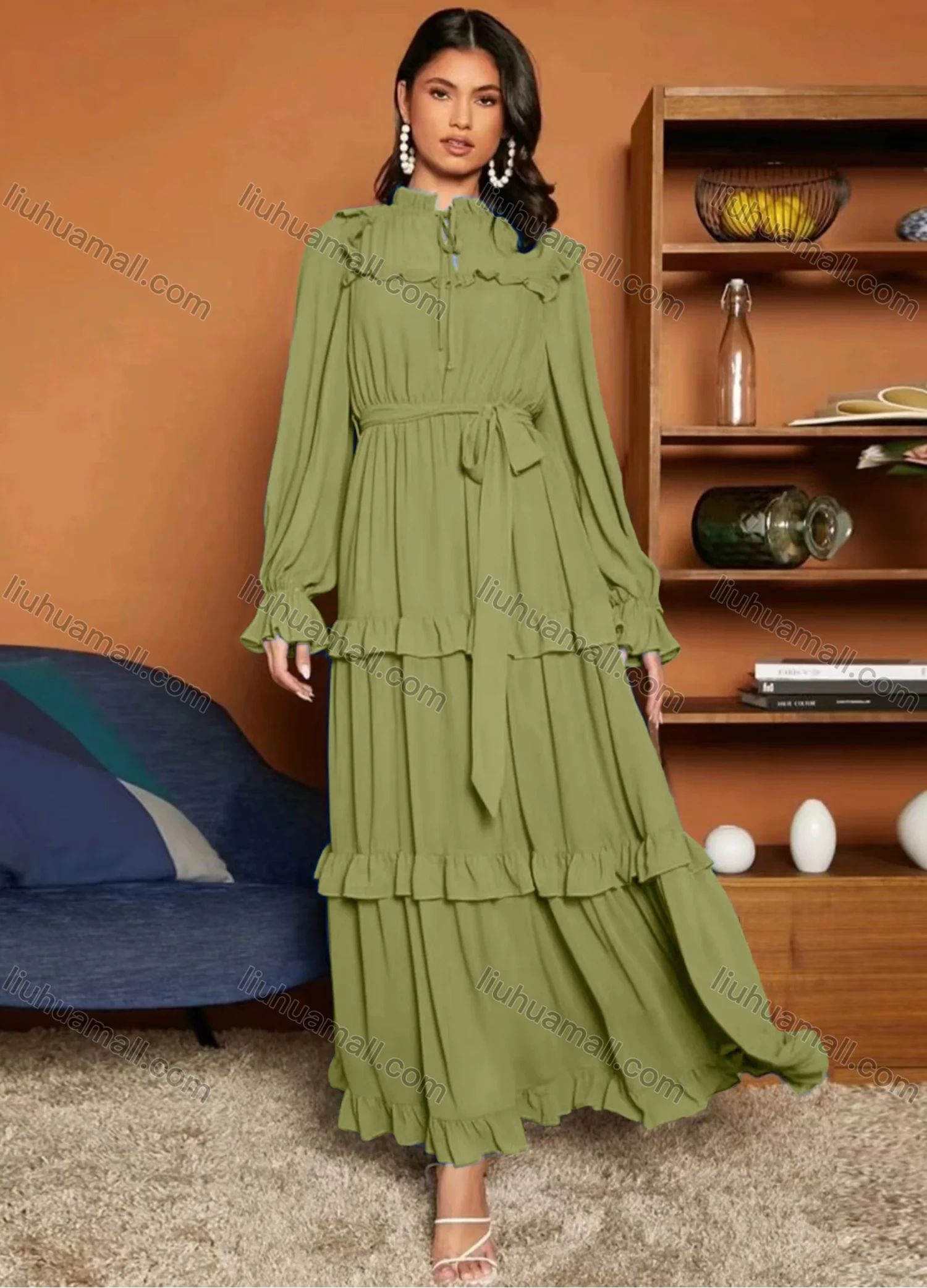 Wholesale Women's Casual Plain Tie Neck Ruffle Trim Long Sleeve Layered Ruffle Hem Maxi Dress With Belt - Liuhuamall