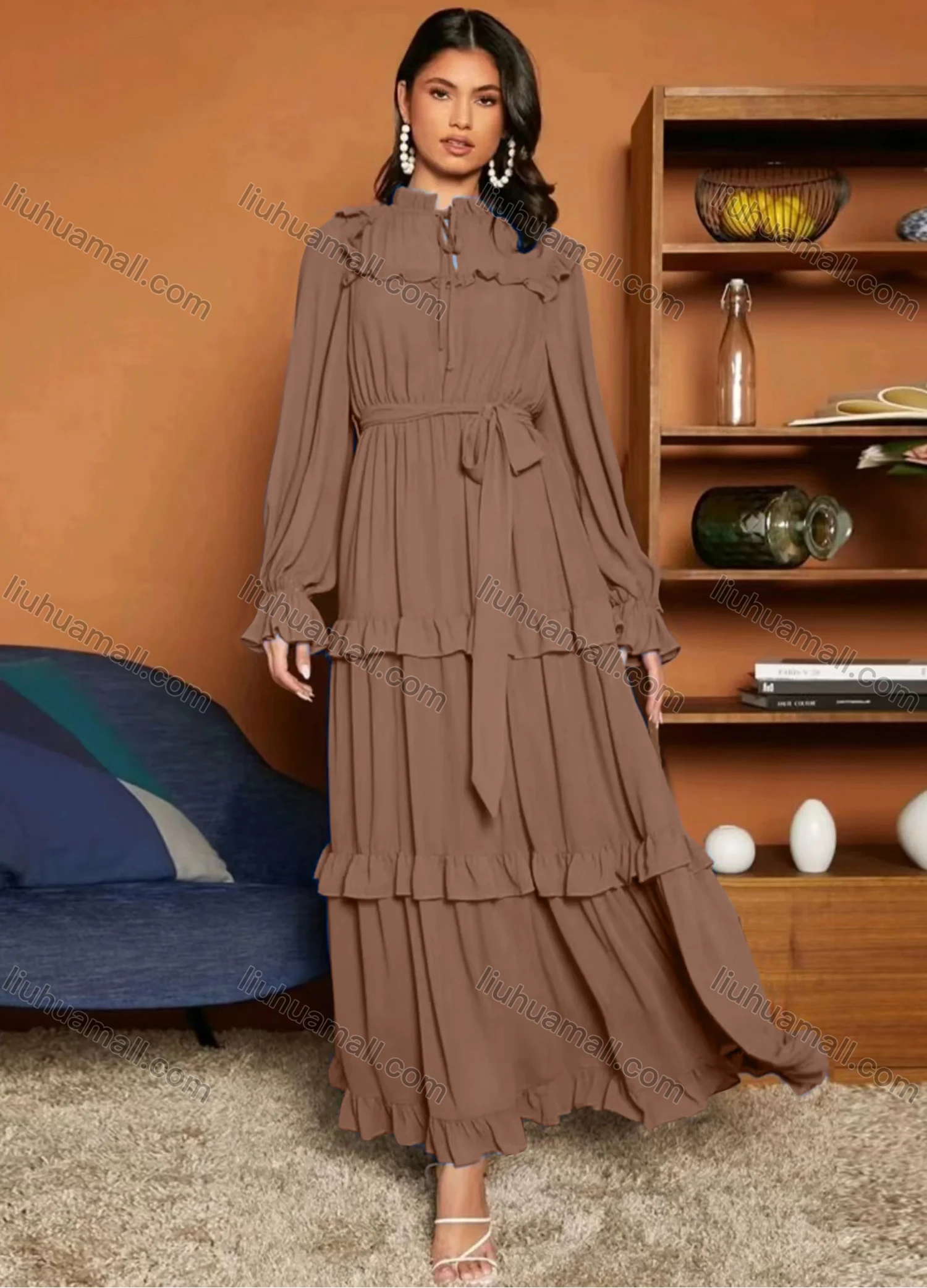 Wholesale Women's Casual Plain Tie Neck Ruffle Trim Long Sleeve Layered Ruffle Hem Maxi Dress With Belt - Liuhuamall