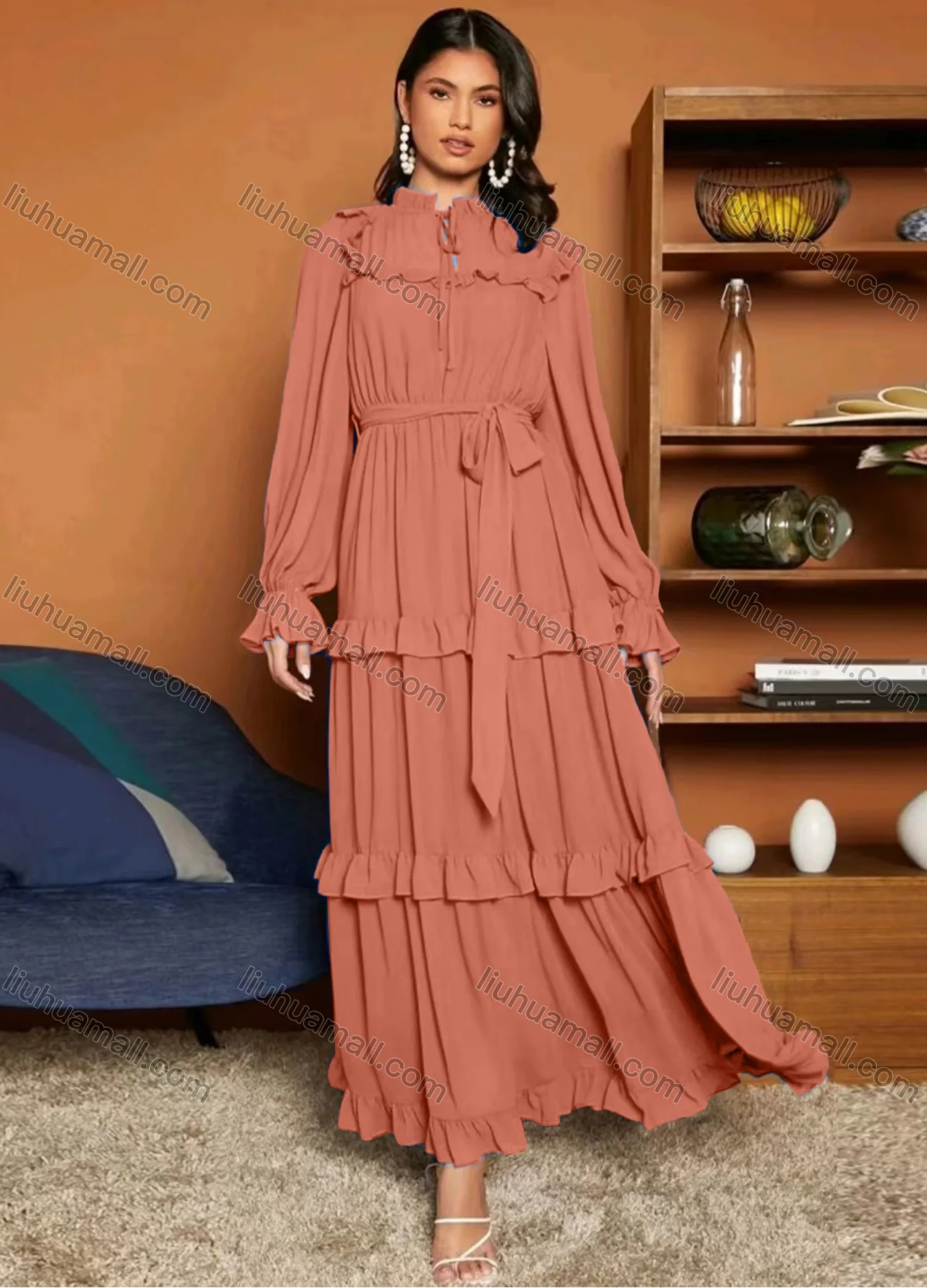 Wholesale Women's Casual Plain Tie Neck Ruffle Trim Long Sleeve Layered Ruffle Hem Maxi Dress With Belt - Liuhuamall