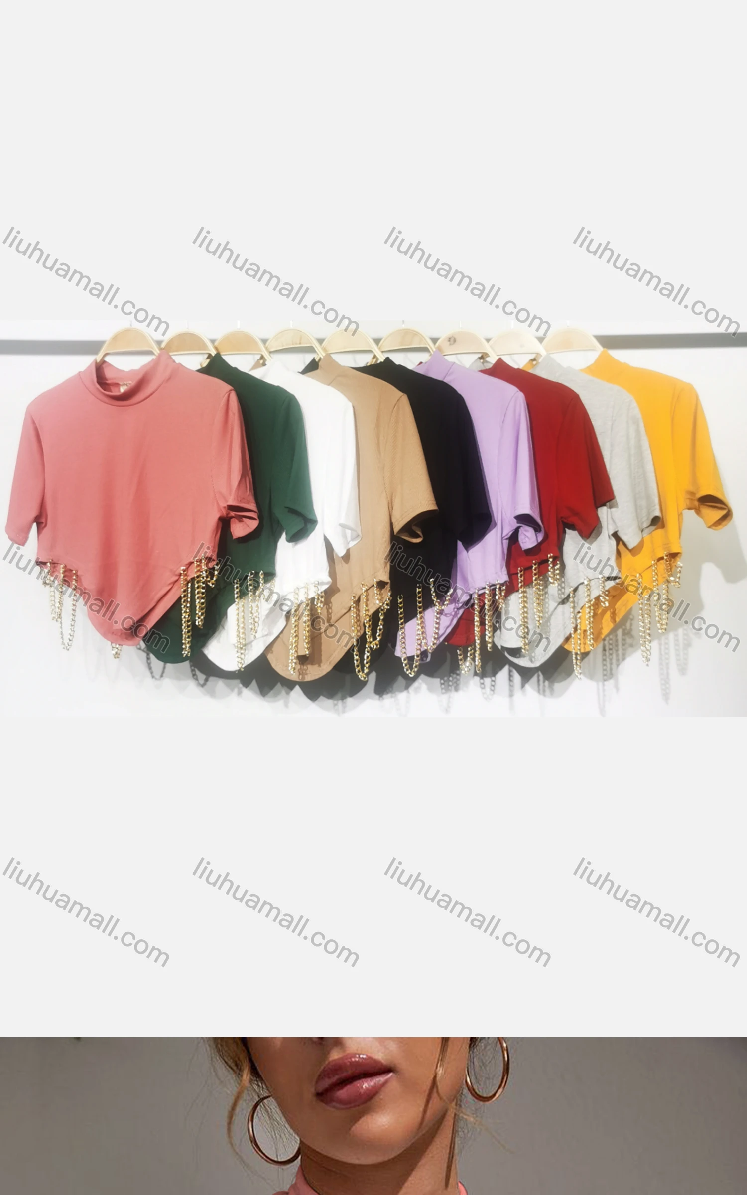 Wholesale Women's Casual Mock Neck Short Sleeve Chain Decro Crop Top - Liuhuamall