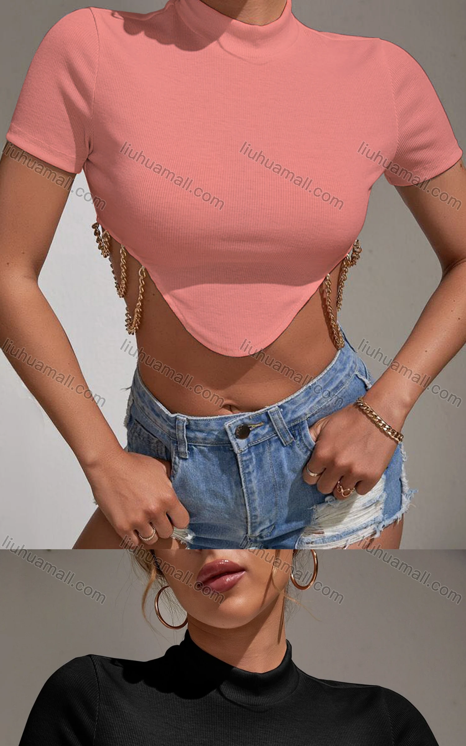 Wholesale Women's Casual Mock Neck Short Sleeve Chain Decro Crop Top - Liuhuamall