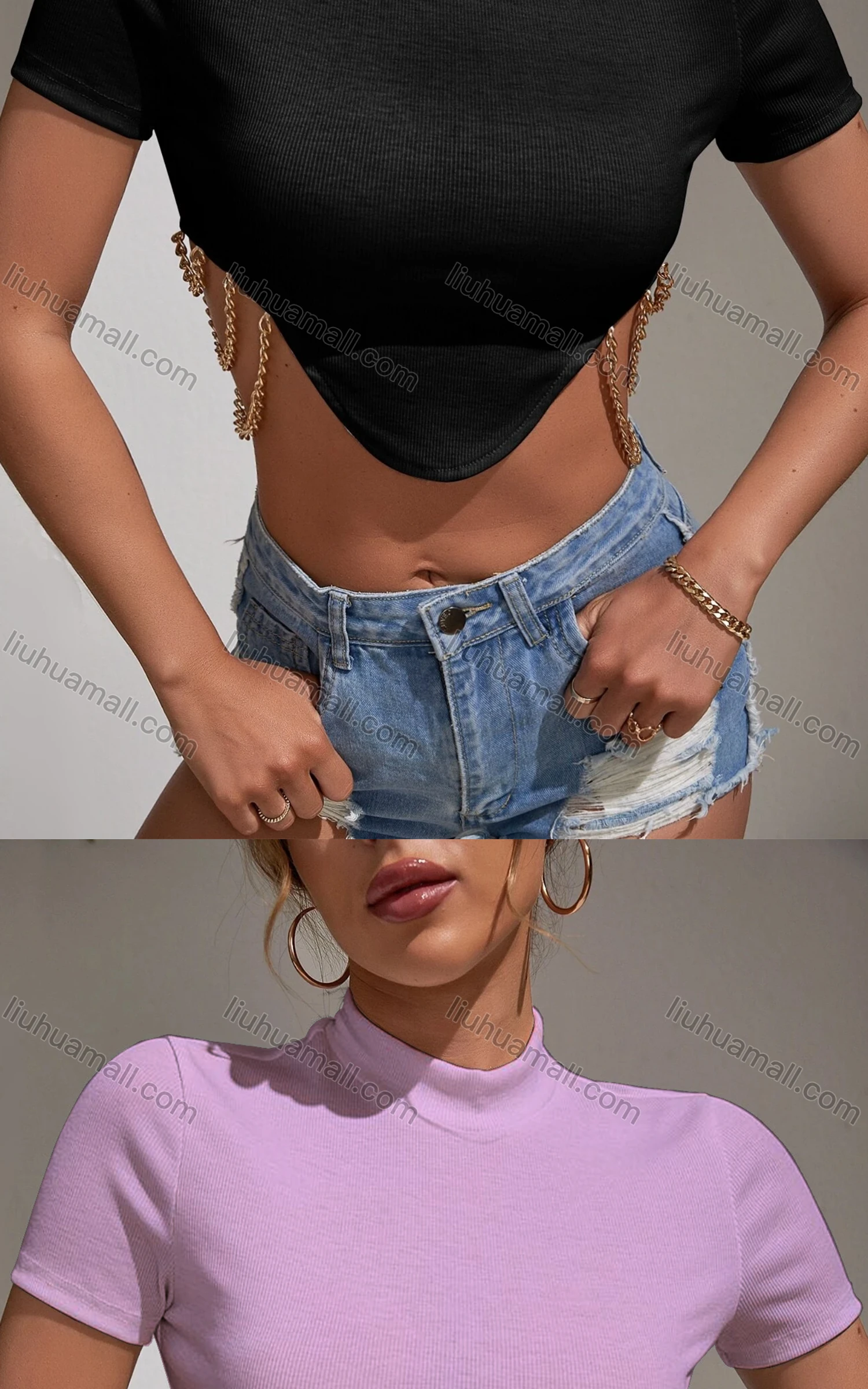 Wholesale Women's Casual Mock Neck Short Sleeve Chain Decro Crop Top - Liuhuamall