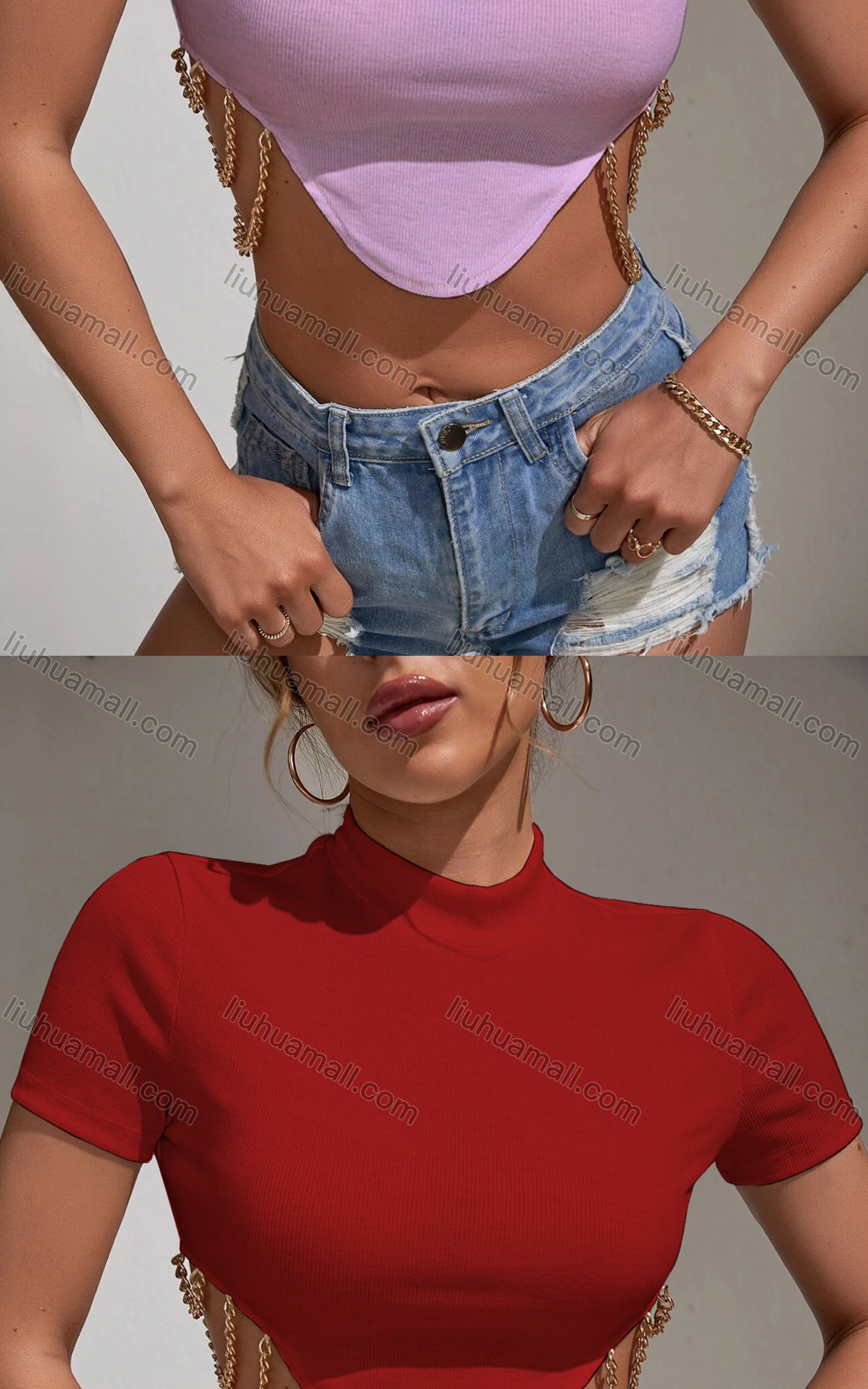 Wholesale Women's Casual Mock Neck Short Sleeve Chain Decro Crop Top - Liuhuamall