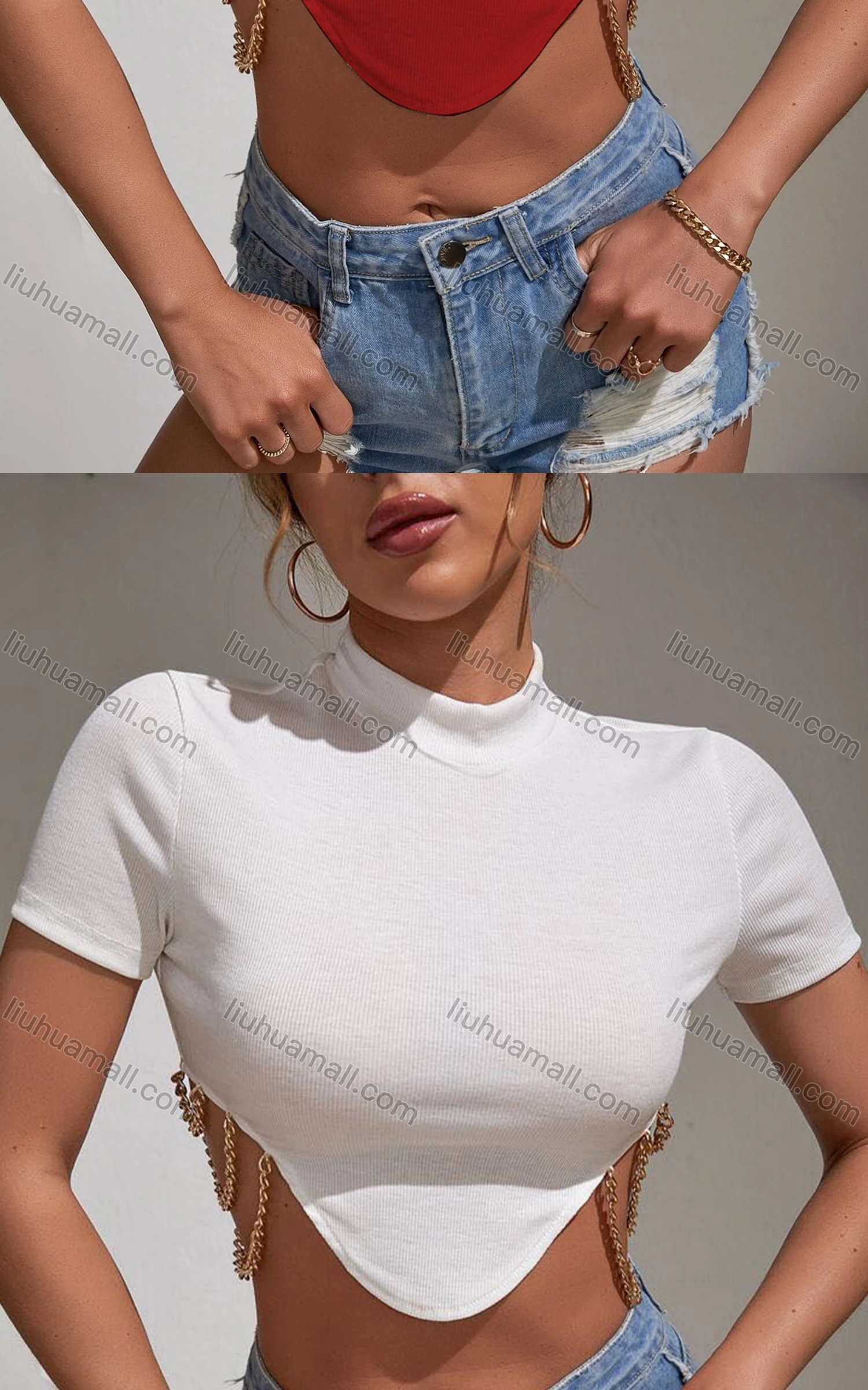 Wholesale Women's Casual Mock Neck Short Sleeve Chain Decro Crop Top - Liuhuamall