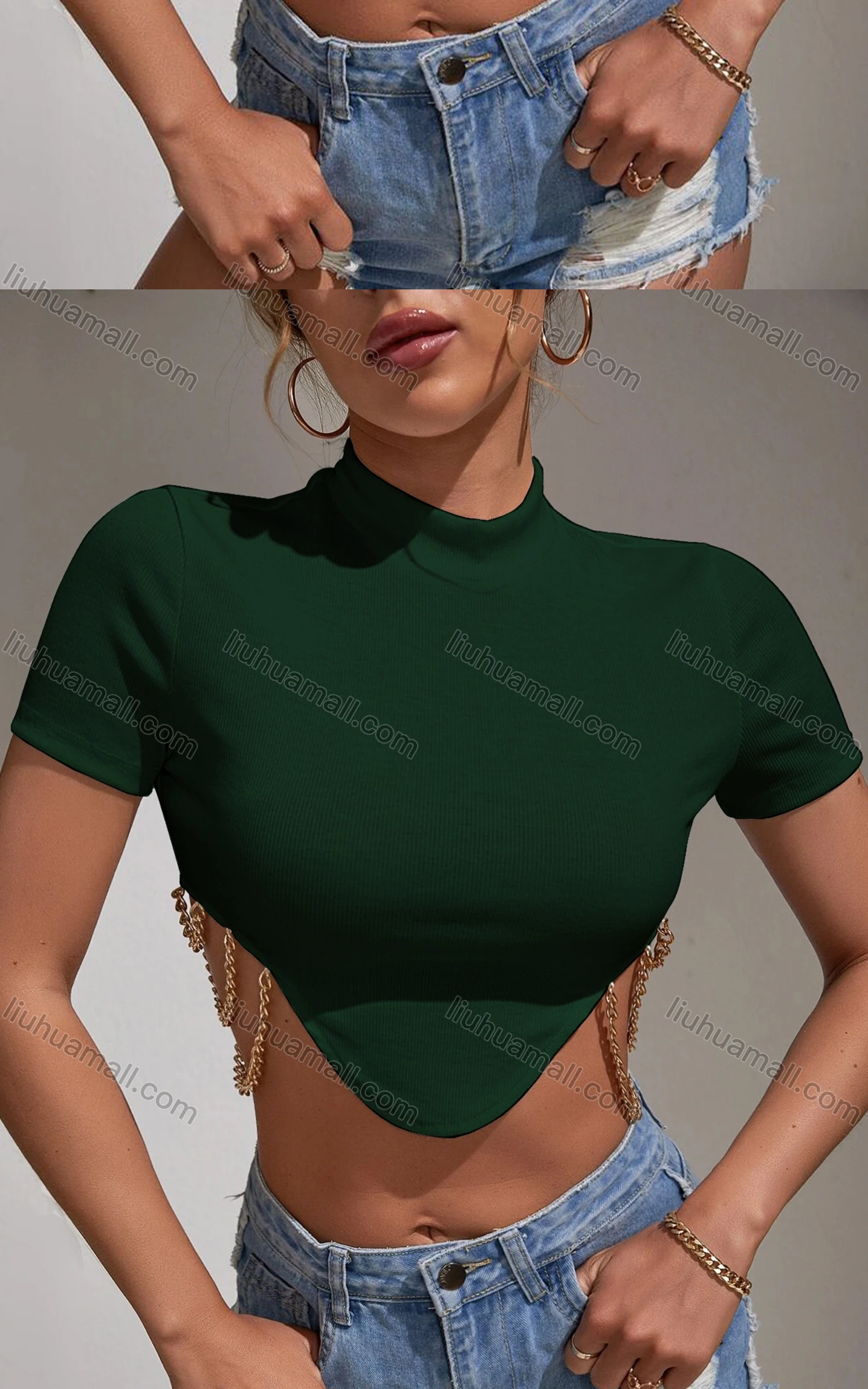 Wholesale Women's Casual Mock Neck Short Sleeve Chain Decro Crop Top - Liuhuamall