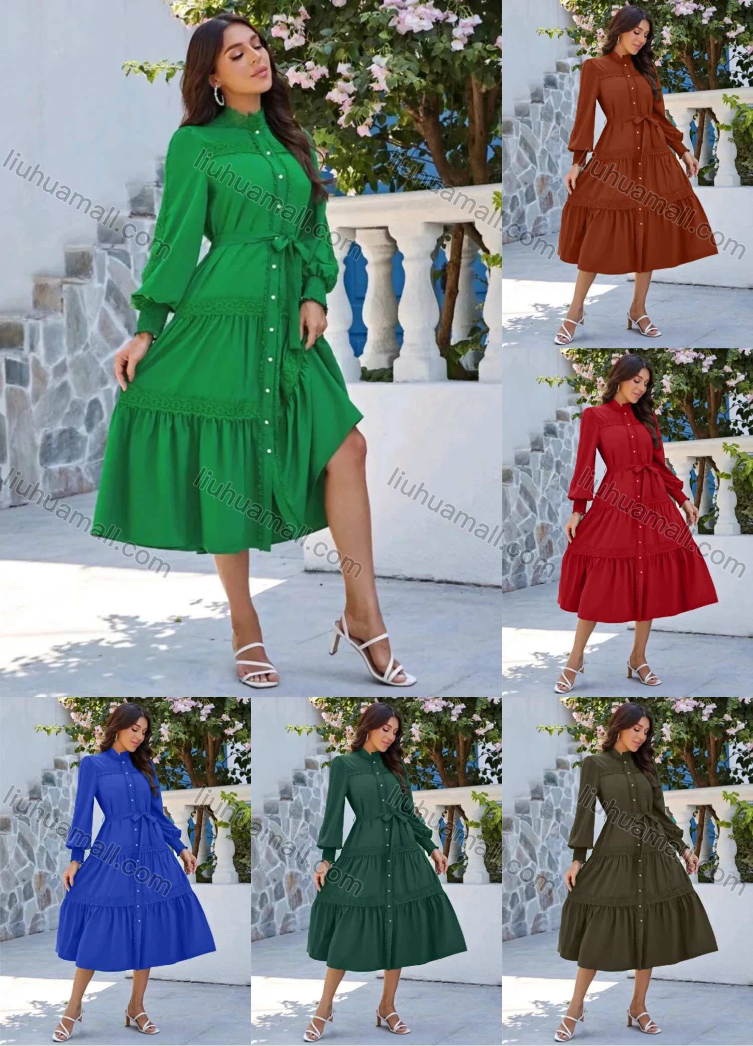Wholesale Women's Casual Plain Button Down Long Sleeve Ruched Midi Shirt Dress With Belt - Liuhuamall