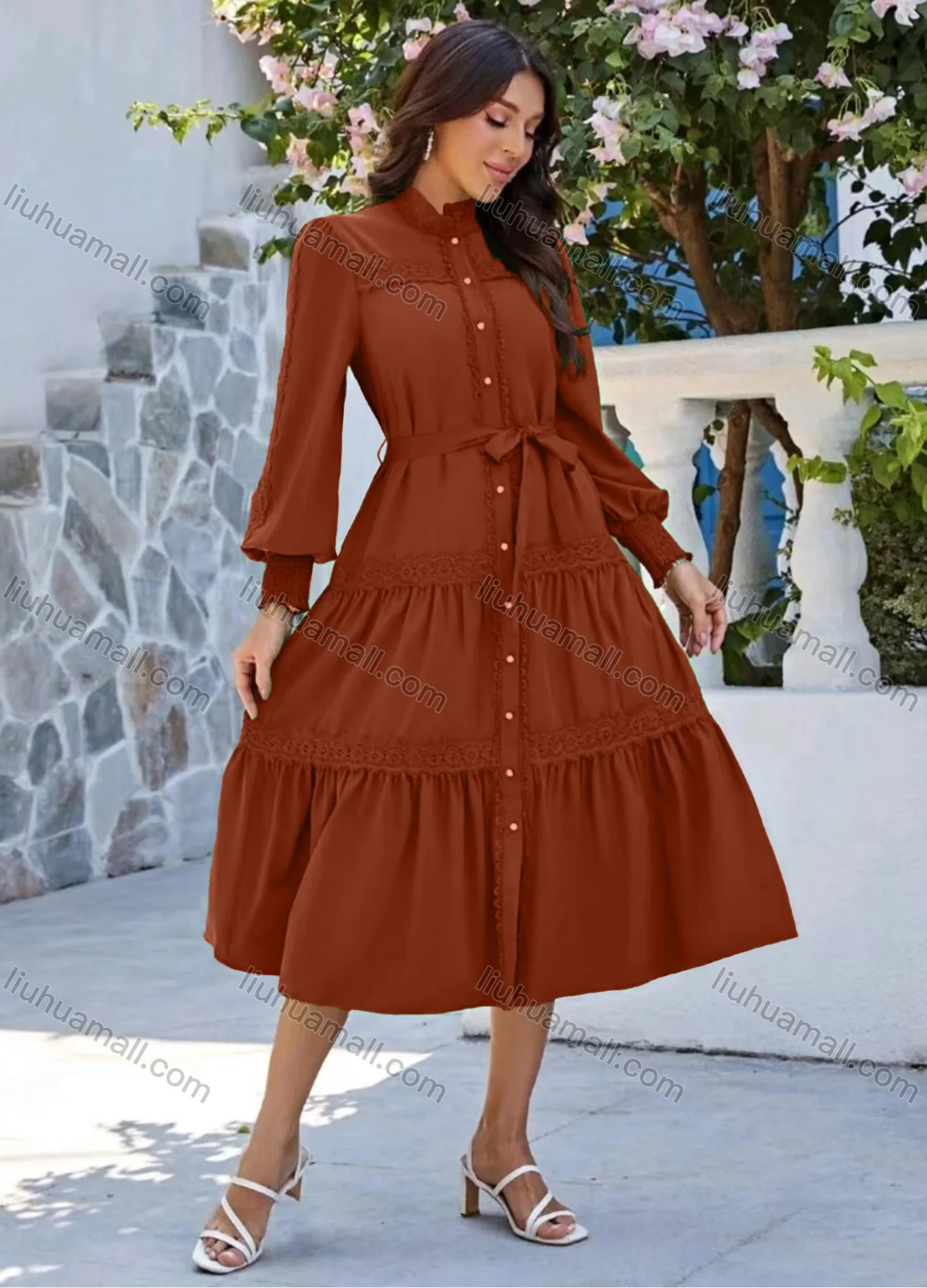 Wholesale Women's Casual Plain Button Down Long Sleeve Ruched Midi Shirt Dress With Belt - Liuhuamall