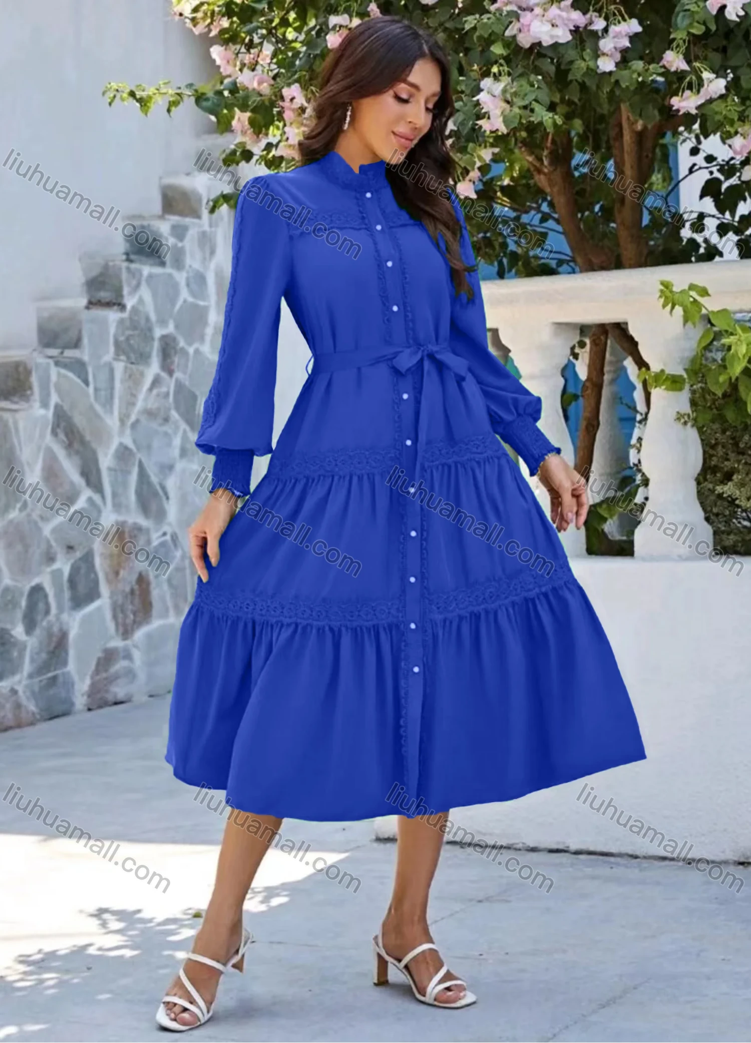 Wholesale Women's Casual Plain Button Down Long Sleeve Ruched Midi Shirt Dress With Belt - Liuhuamall