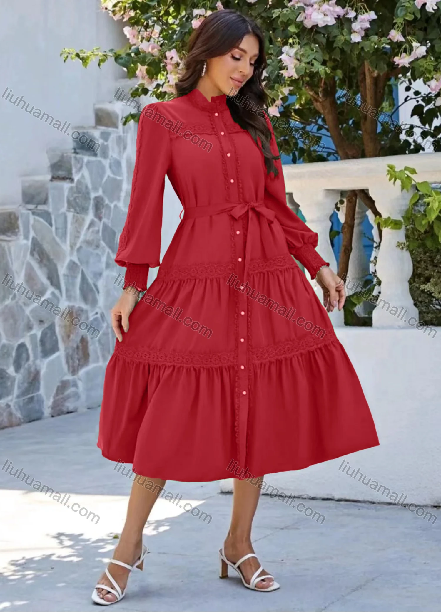Wholesale Women's Casual Plain Button Down Long Sleeve Ruched Midi Shirt Dress With Belt - Liuhuamall