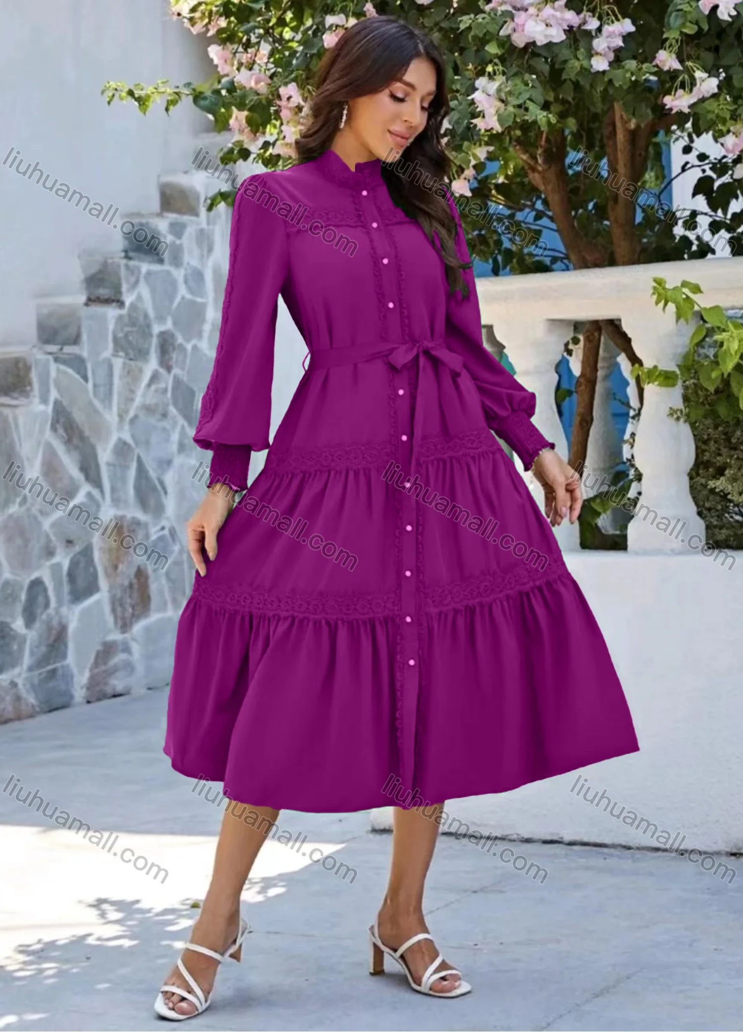 Wholesale Women's Casual Plain Button Down Long Sleeve Ruched Midi Shirt Dress With Belt - Liuhuamall