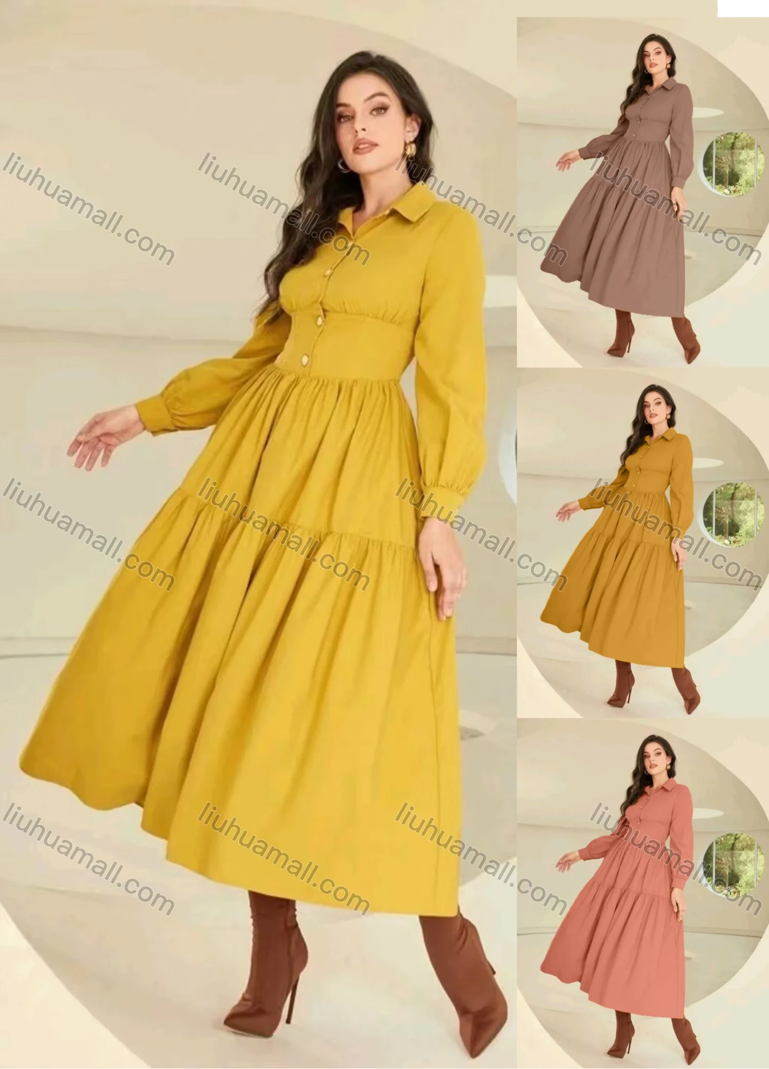 Wholesale Women's Casual Plain Collared Button Front Long Sleeve Ruched Maxi Shirt Dress - Liuhuamall