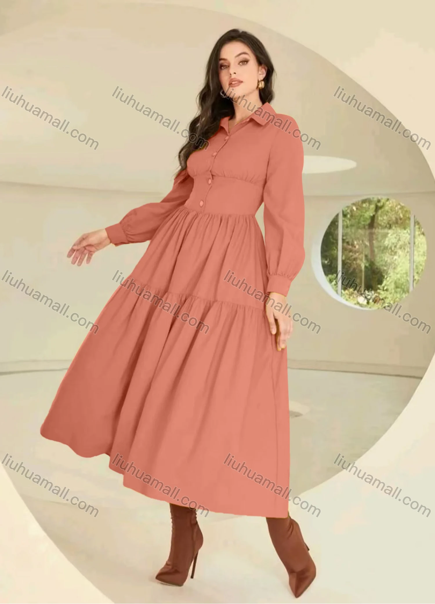 Wholesale Women's Casual Plain Collared Button Front Long Sleeve Ruched Maxi Shirt Dress - Liuhuamall