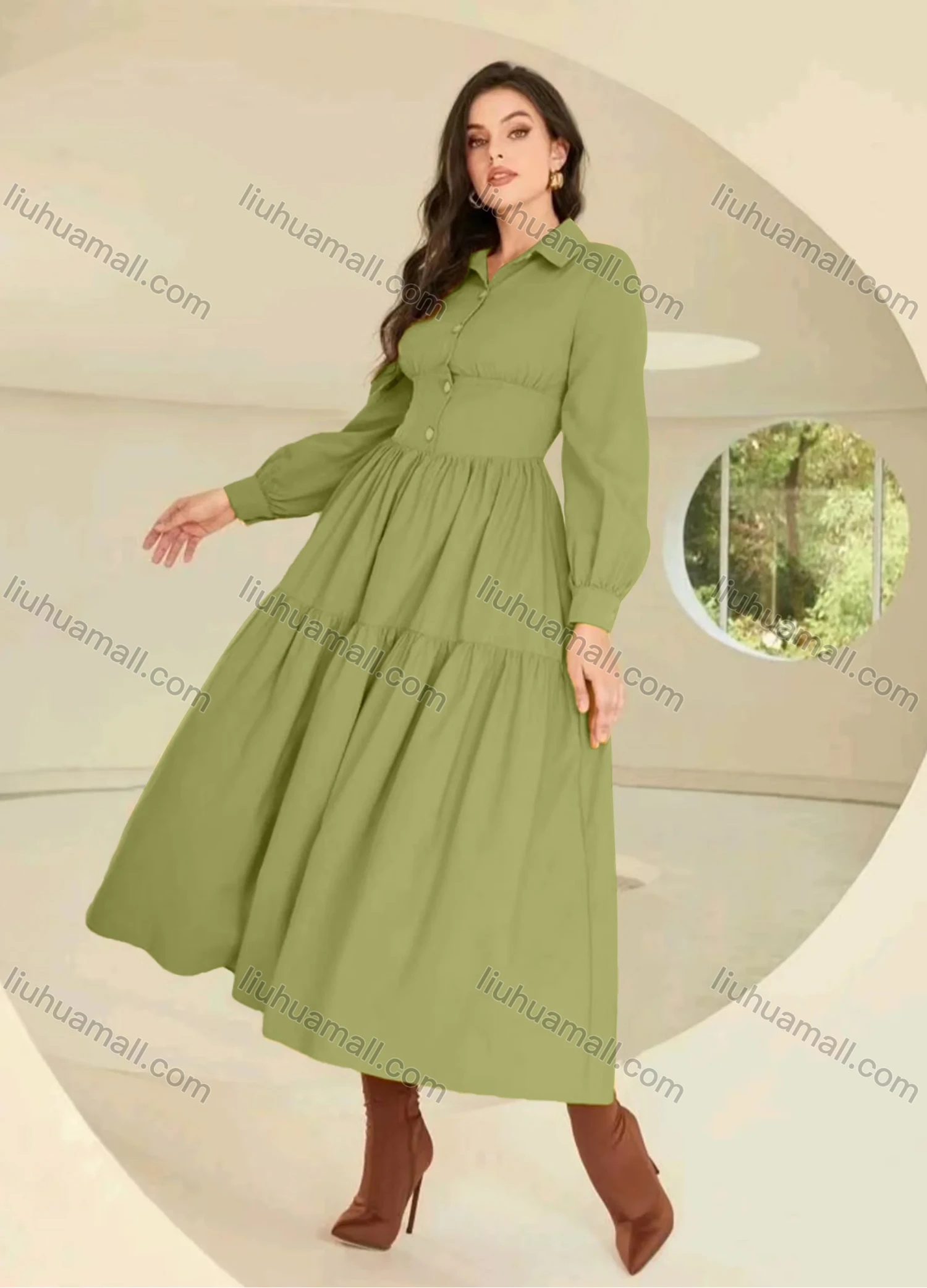 Wholesale Women's Casual Plain Collared Button Front Long Sleeve Ruched Maxi Shirt Dress - Liuhuamall