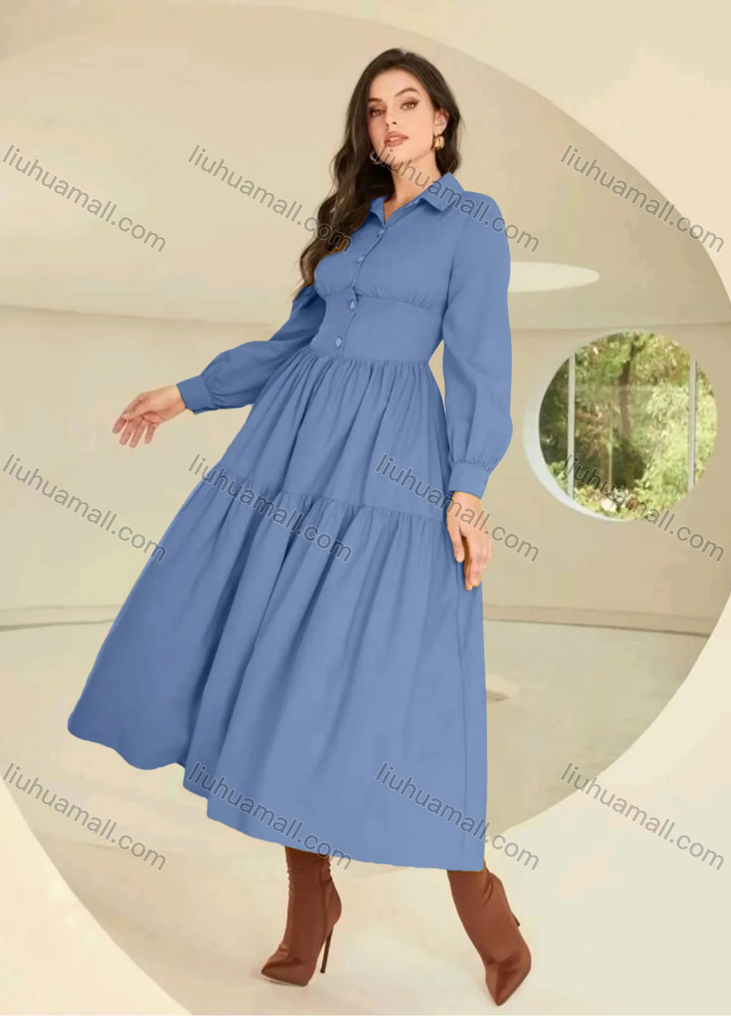 Wholesale Women's Casual Plain Collared Button Front Long Sleeve Ruched Maxi Shirt Dress - Liuhuamall