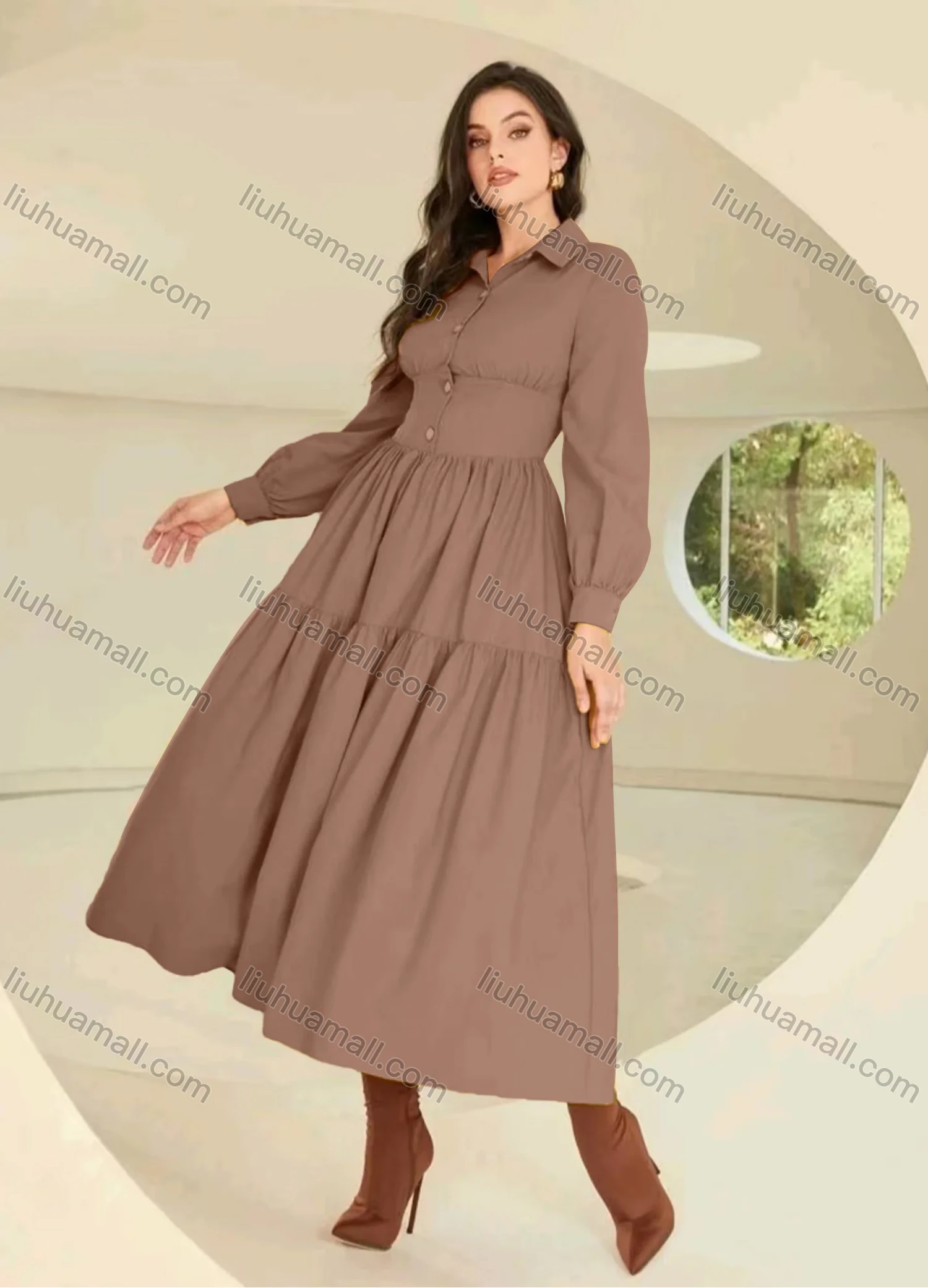 Wholesale Women's Casual Plain Collared Button Front Long Sleeve Ruched Maxi Shirt Dress - Liuhuamall