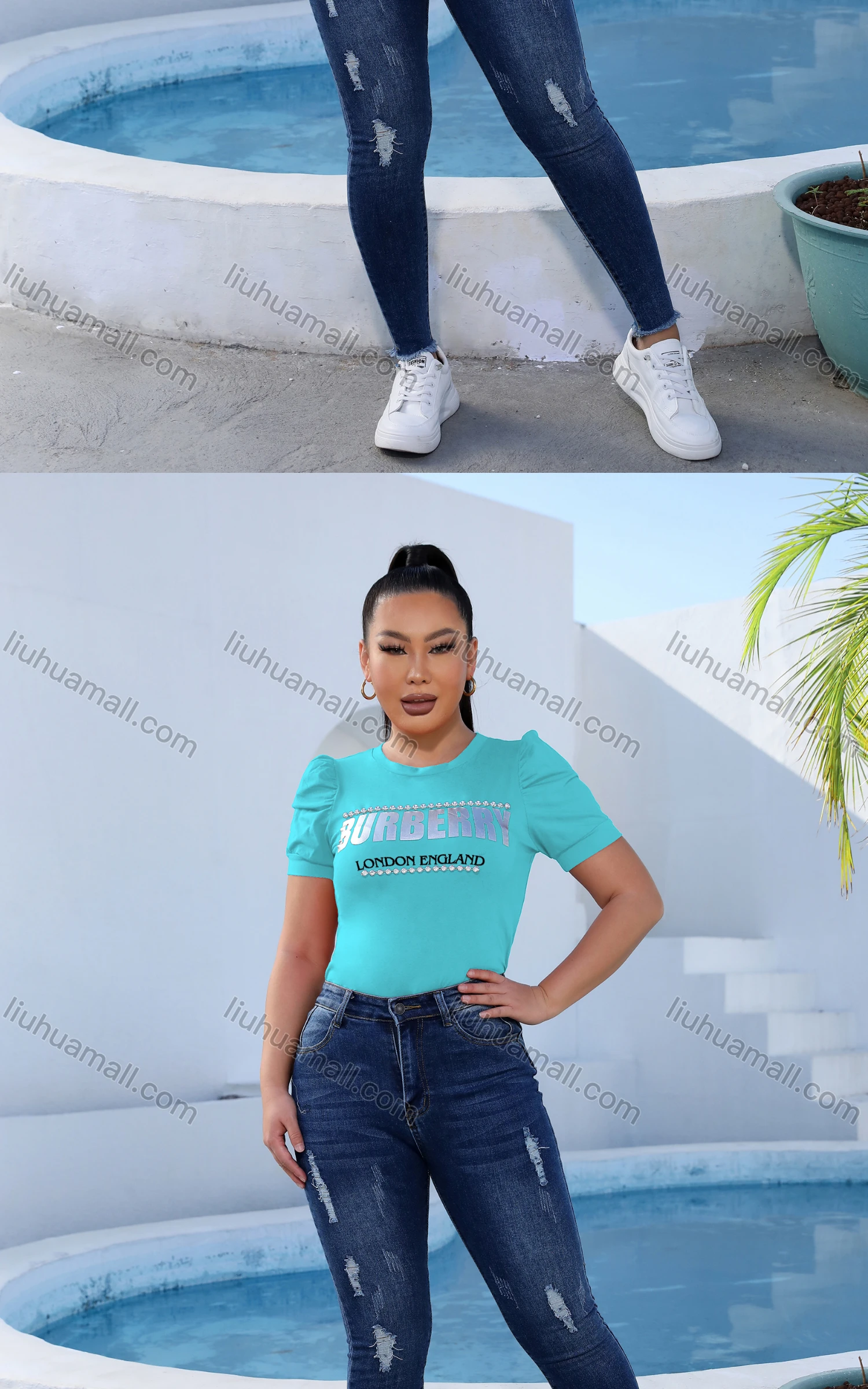 Wholesale Women's Casual Crew Neck Short Sleeve Slim Fit Letter Tee - Liuhuamall