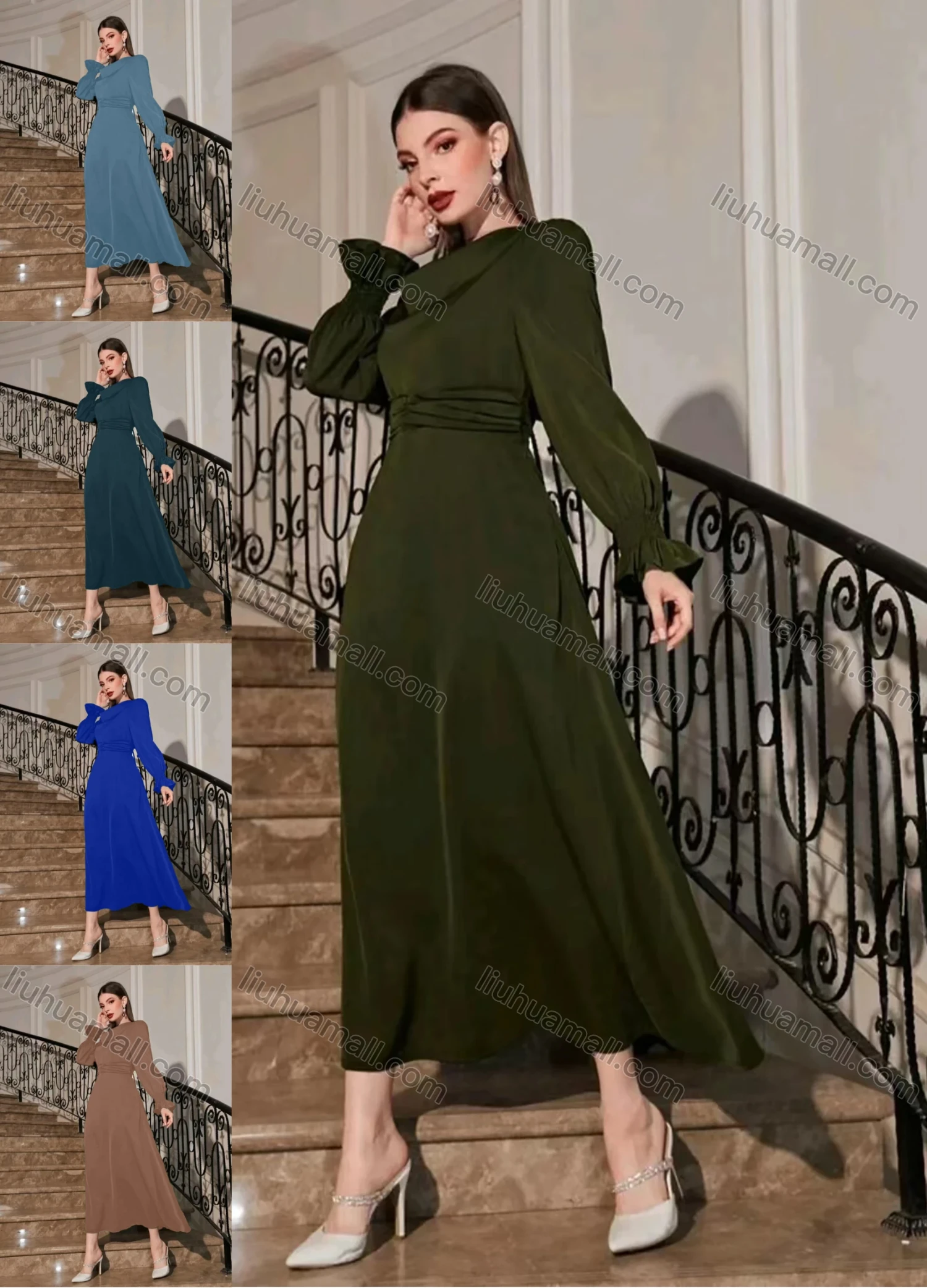 Wholesale Women's Casual Plain Ruched Poet Sleeve Ruffle Hem Midi Dress - Liuhuamall