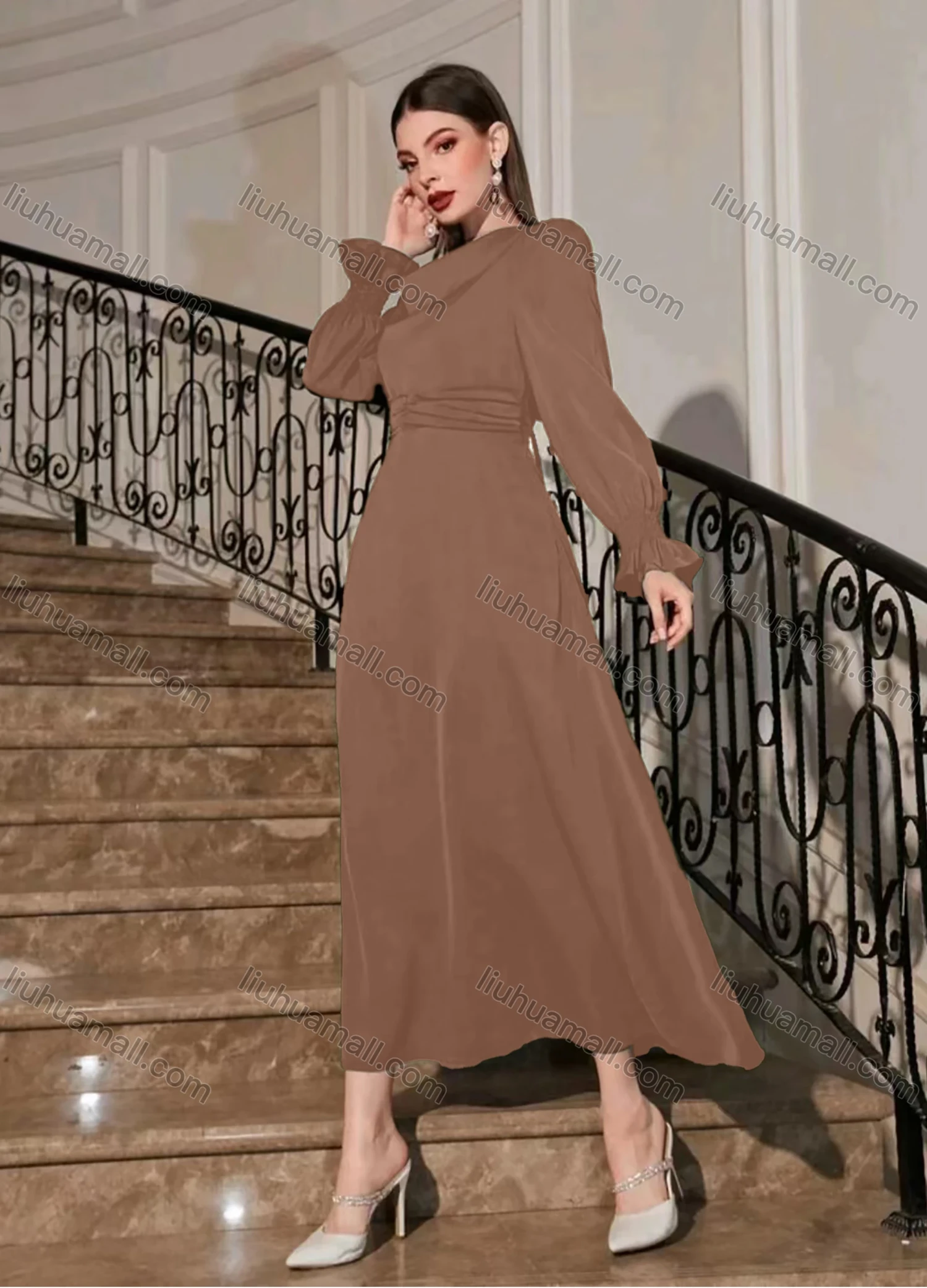 Wholesale Women's Casual Plain Ruched Poet Sleeve Ruffle Hem Midi Dress - Liuhuamall