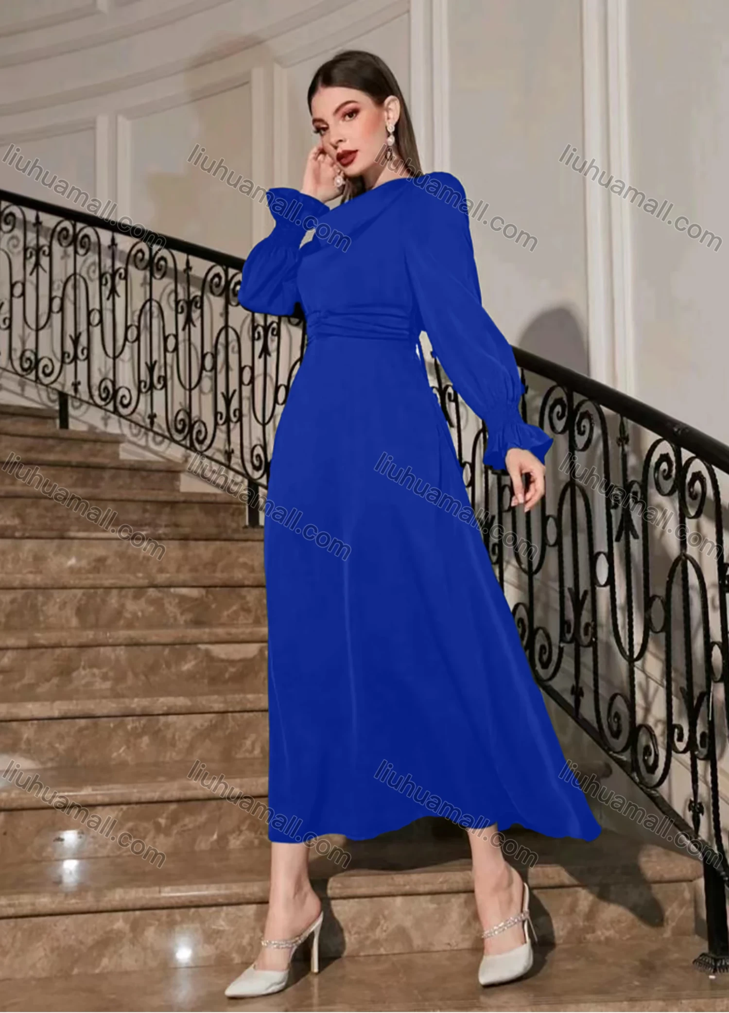 Wholesale Women's Casual Plain Ruched Poet Sleeve Ruffle Hem Midi Dress - Liuhuamall