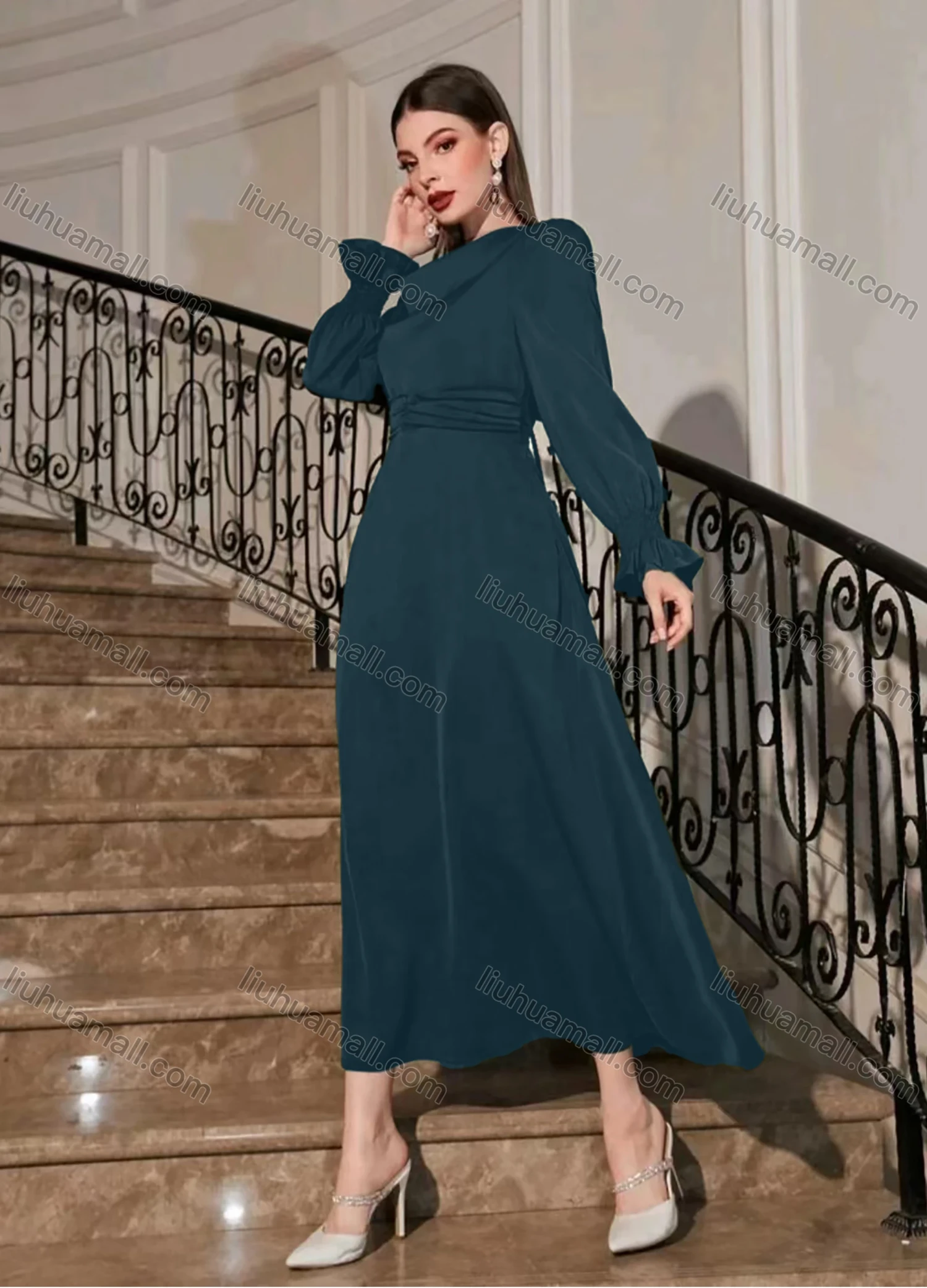 Wholesale Women's Casual Plain Ruched Poet Sleeve Ruffle Hem Midi Dress - Liuhuamall