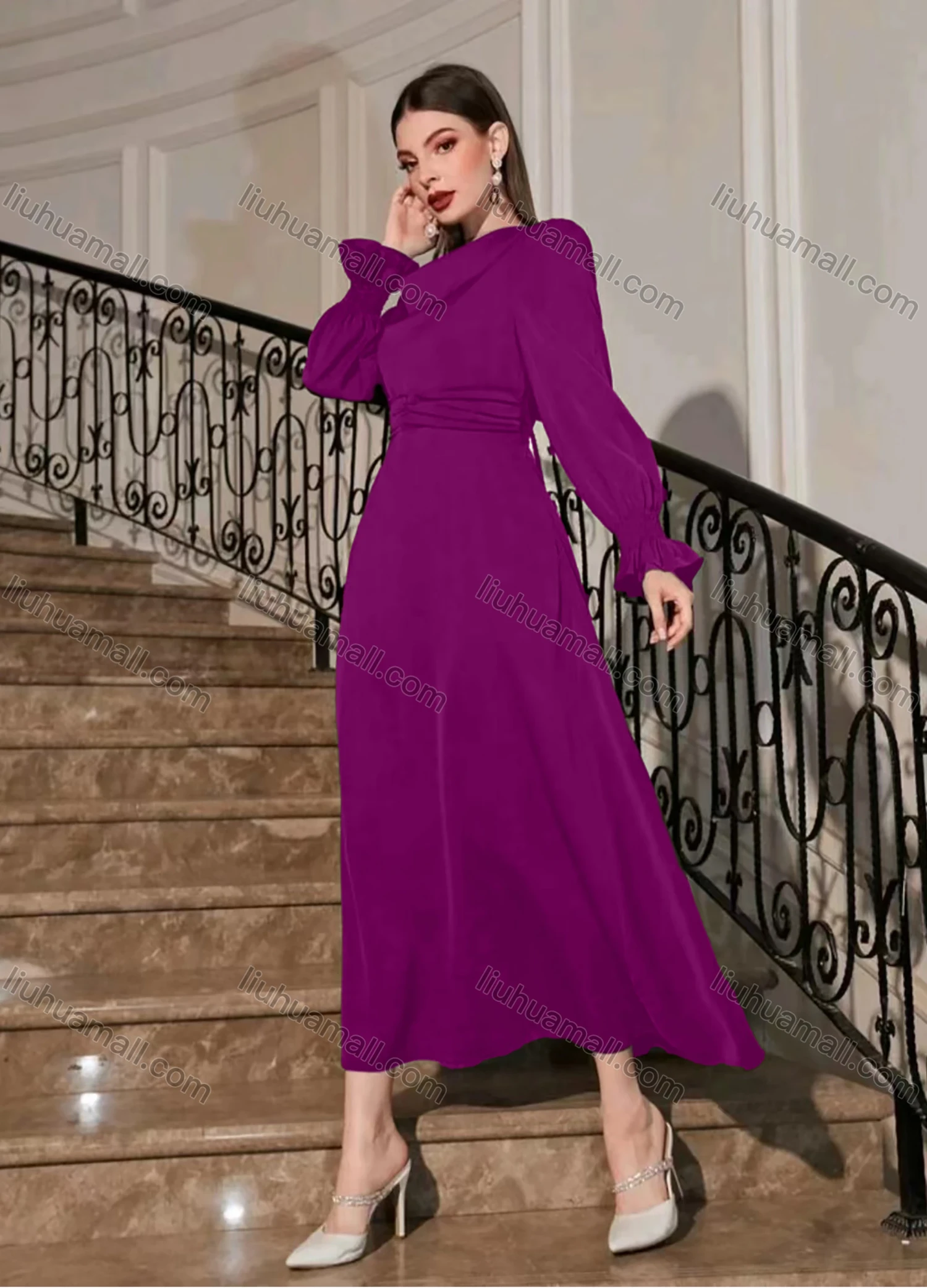 Wholesale Women's Casual Plain Ruched Poet Sleeve Ruffle Hem Midi Dress - Liuhuamall