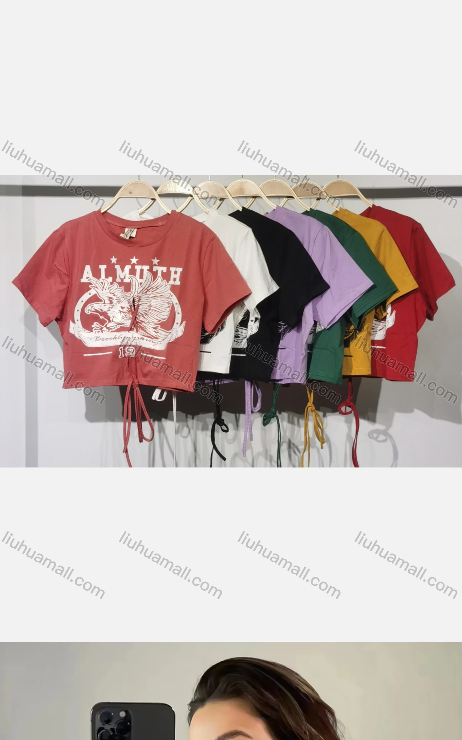 Wholesale Women's Casual Crew Neck Short Sleeve Criss Cross Drawstring Crop Top - Liuhuamall