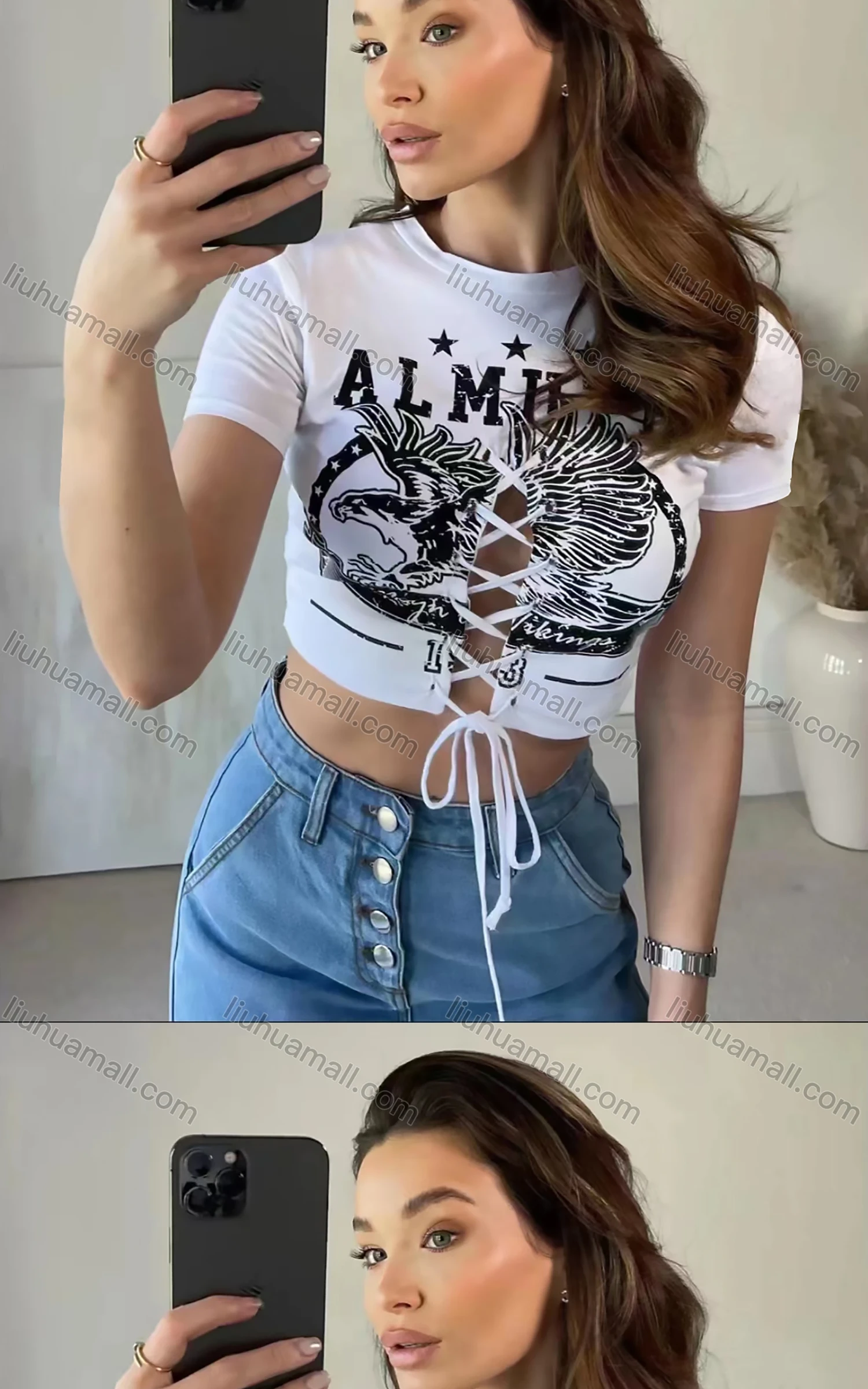 Wholesale Women's Casual Crew Neck Short Sleeve Criss Cross Drawstring Crop Top - Liuhuamall