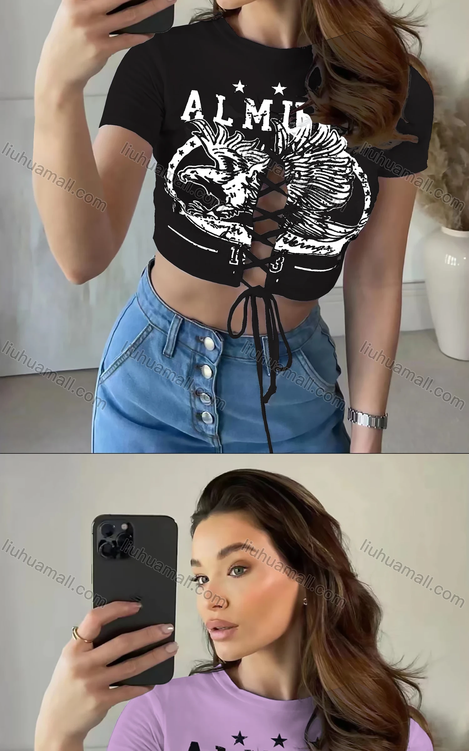 Wholesale Women's Casual Crew Neck Short Sleeve Criss Cross Drawstring Crop Top - Liuhuamall