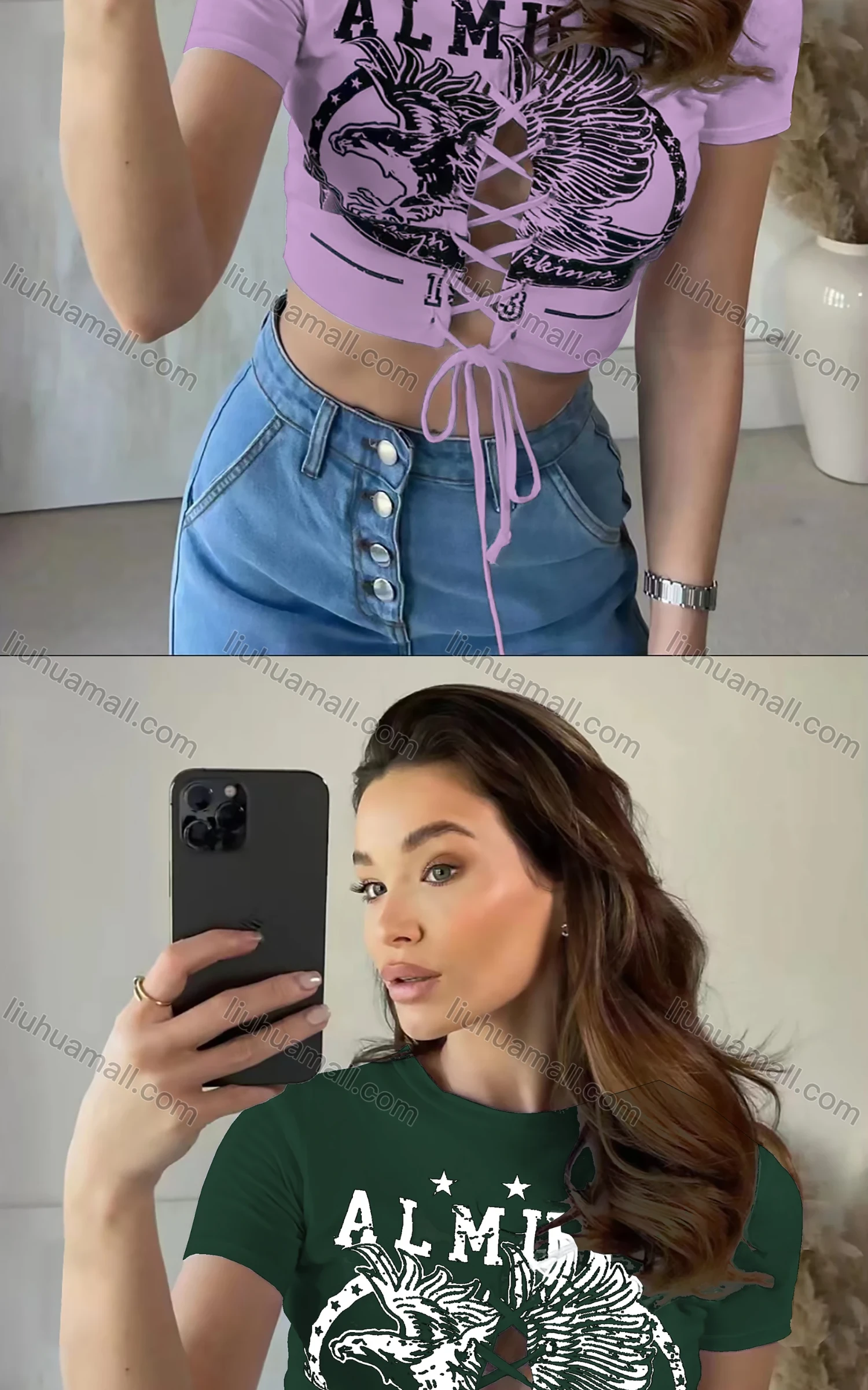 Wholesale Women's Casual Crew Neck Short Sleeve Criss Cross Drawstring Crop Top - Liuhuamall