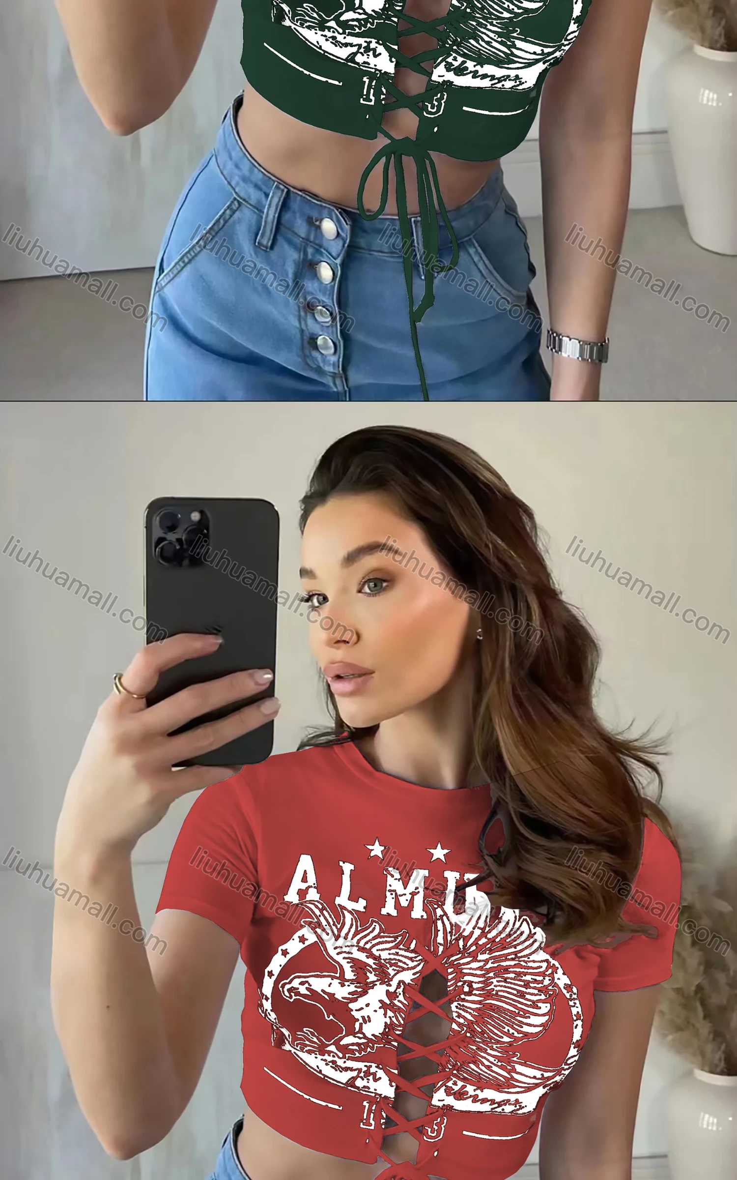 Wholesale Women's Casual Crew Neck Short Sleeve Criss Cross Drawstring Crop Top - Liuhuamall