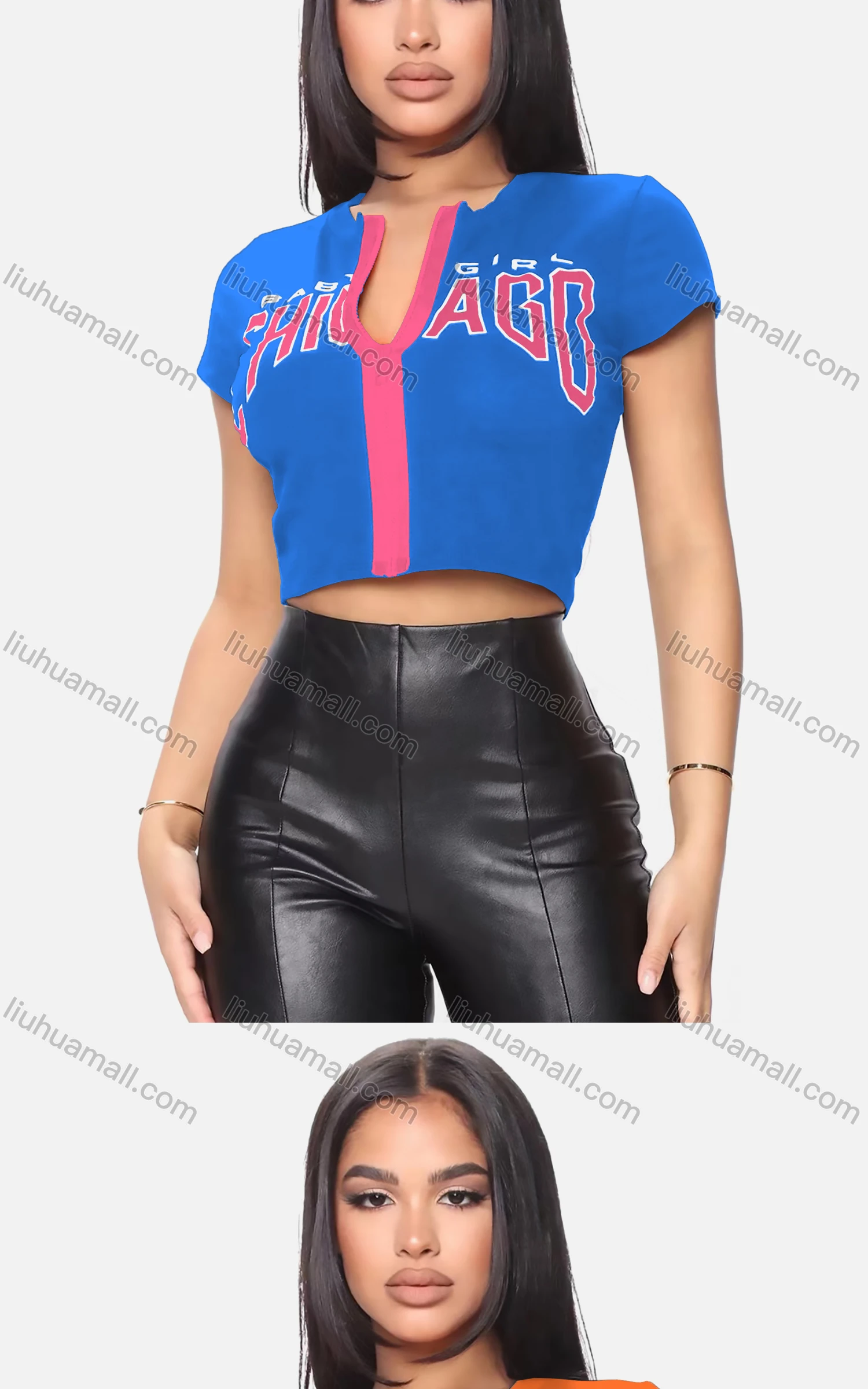 Wholesale Women's Casual Crew Neck Short Sleeve Full Zip Letter Crop Top - Liuhuamall