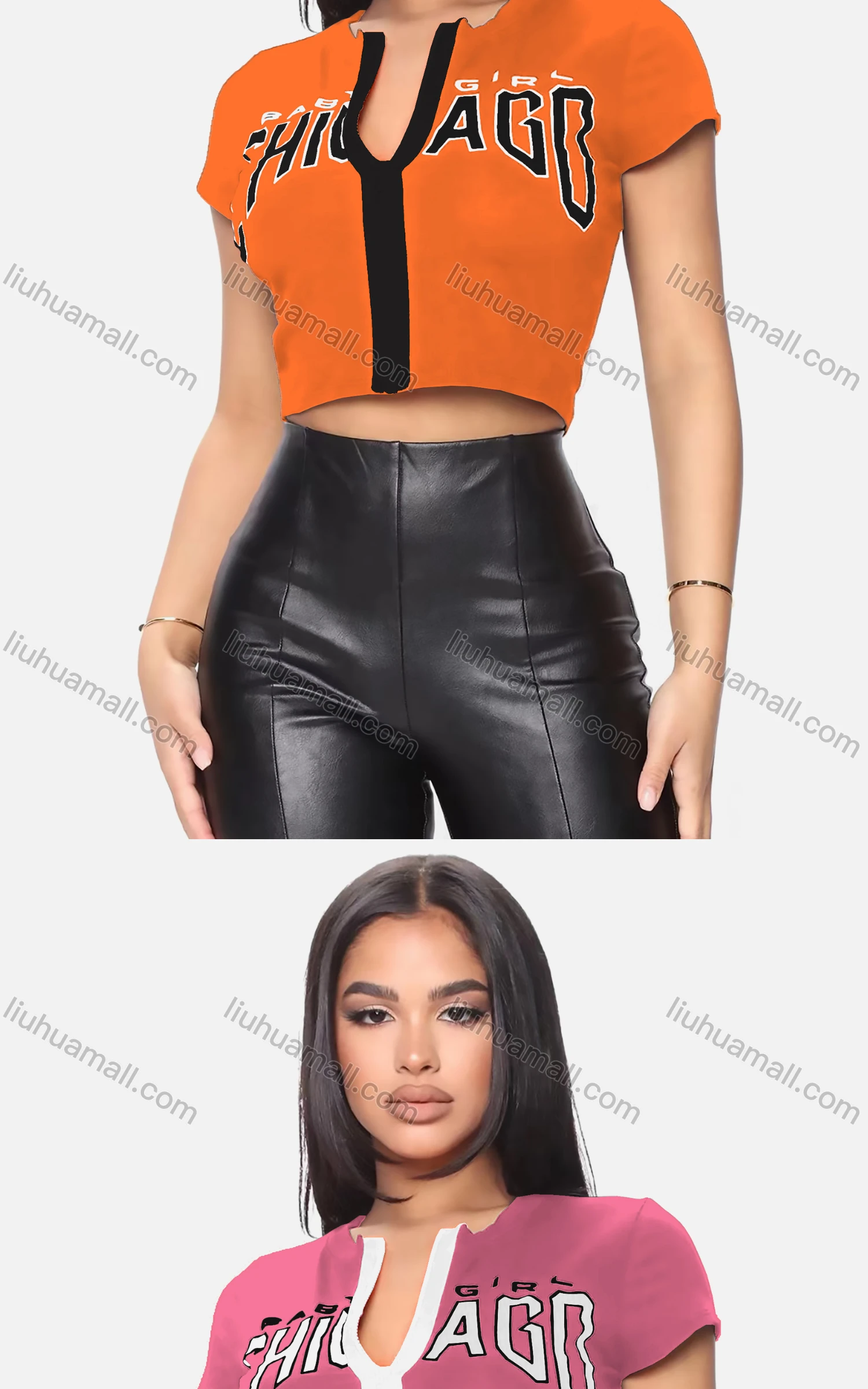 Wholesale Women's Casual Crew Neck Short Sleeve Full Zip Letter Crop Top - Liuhuamall