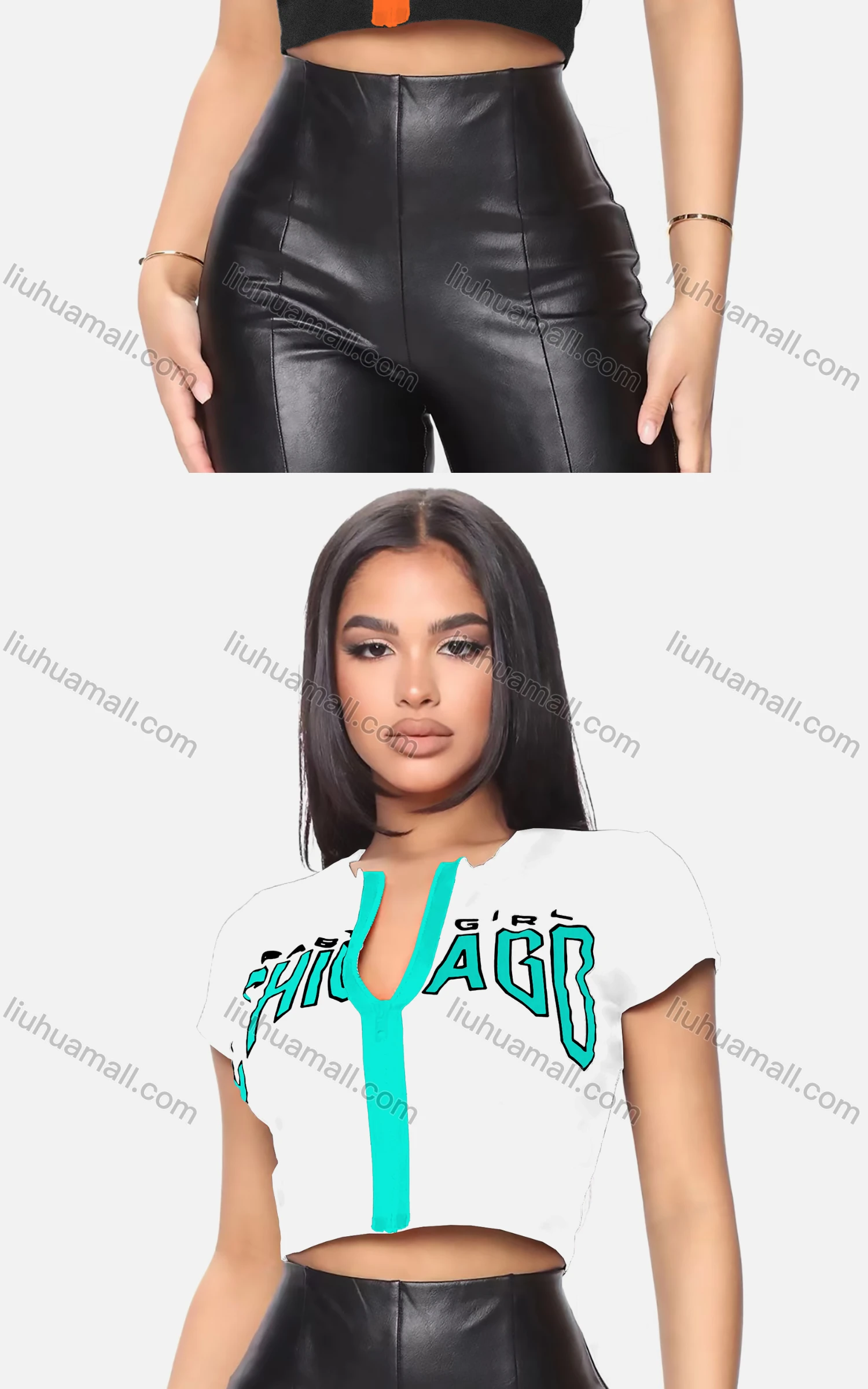 Wholesale Women's Casual Crew Neck Short Sleeve Full Zip Letter Crop Top - Liuhuamall