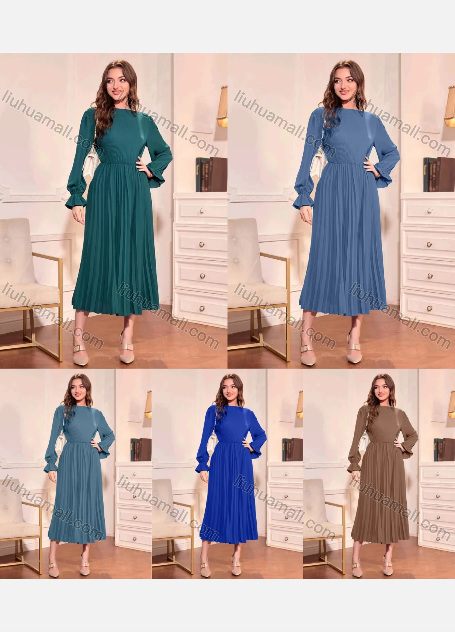 Wholesale Women's Casual Plain Long Sleeve High Waist Pleated Midi Dress - Liuhuamall
