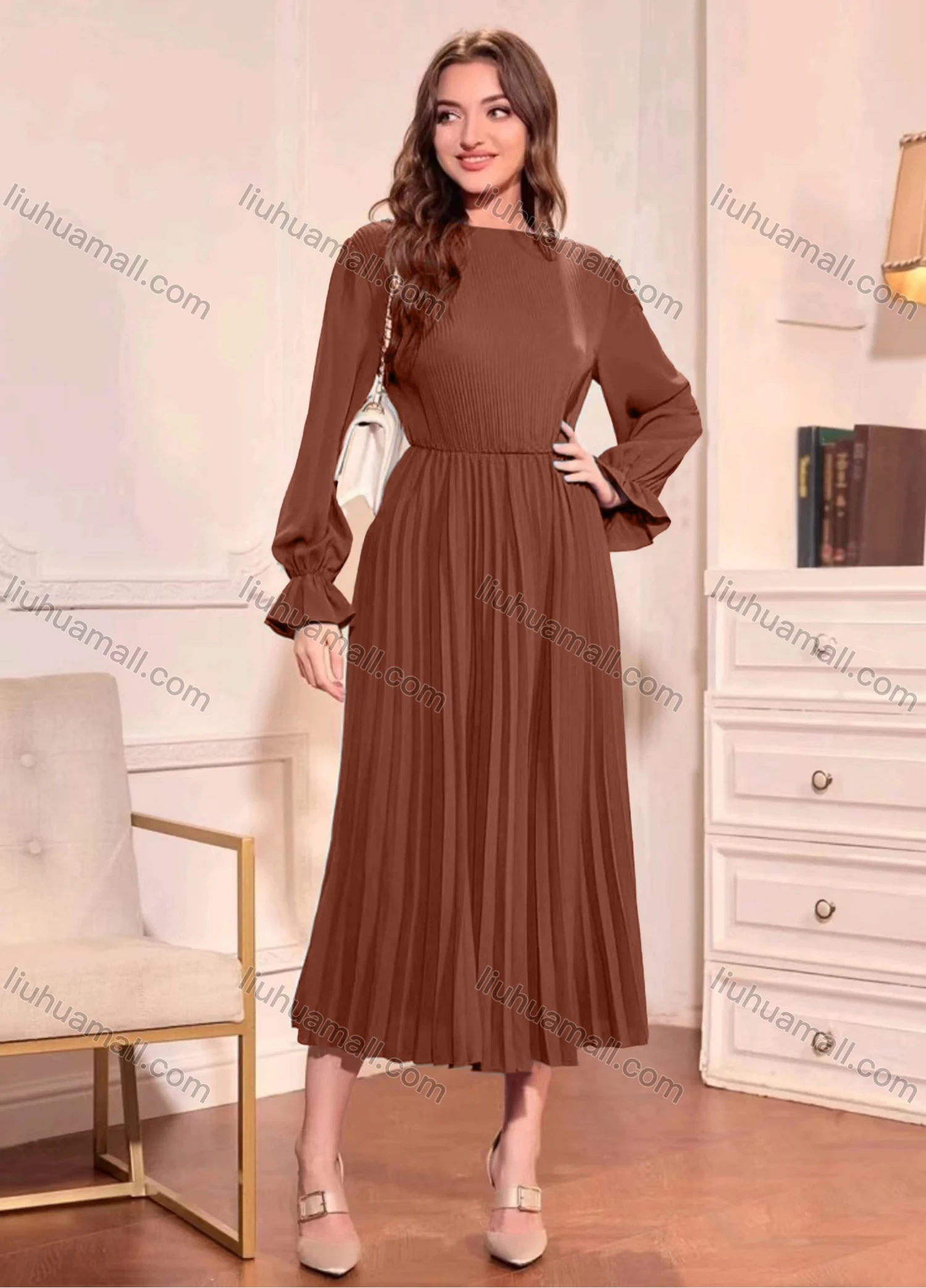 Wholesale Women's Casual Plain Long Sleeve High Waist Pleated Midi Dress - Liuhuamall