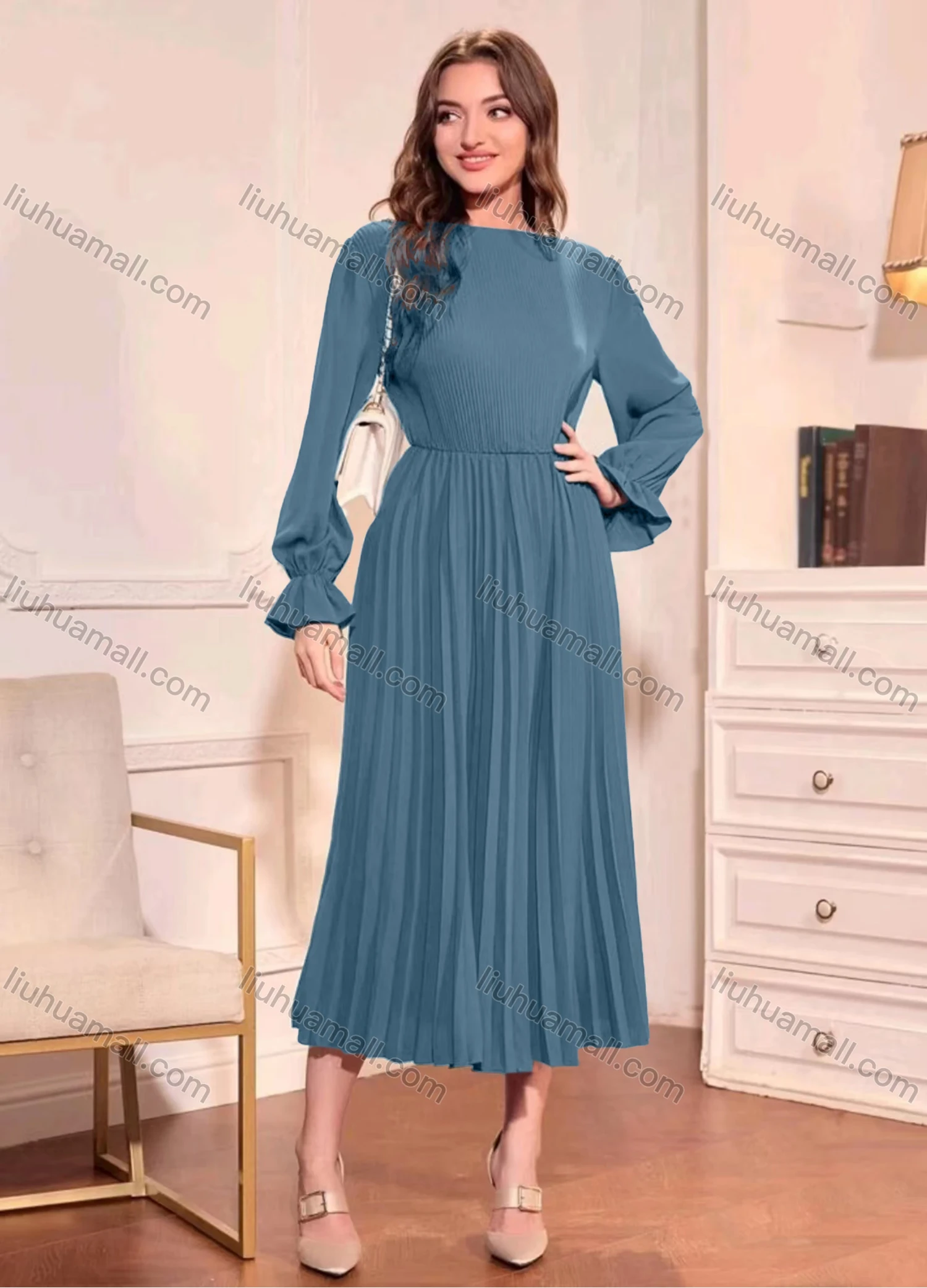 Wholesale Women's Casual Plain Long Sleeve High Waist Pleated Midi Dress - Liuhuamall